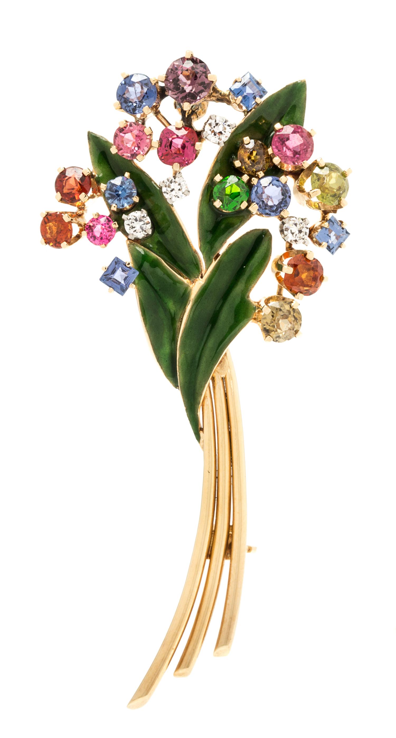 A Yellow Gold, Diamond, Multigem and Enamel Brooch, 5.80 dwts.