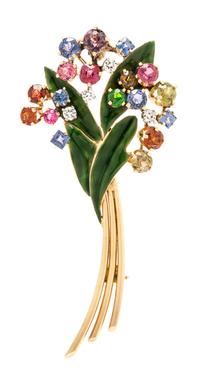 A Yellow Gold, Diamond, Multigem and Enamel Brooch, 5.80 dwts.