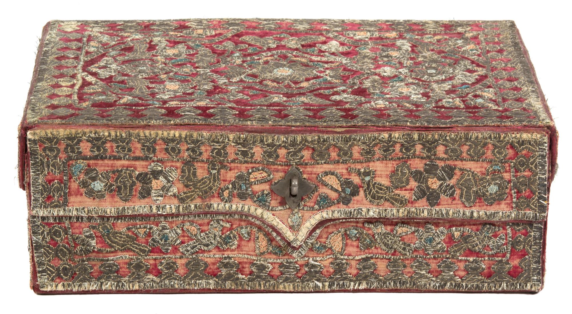 An Italian Embroidered Velvet Table Casket Width 14 inches. — 18TH/19TH CENTURY
