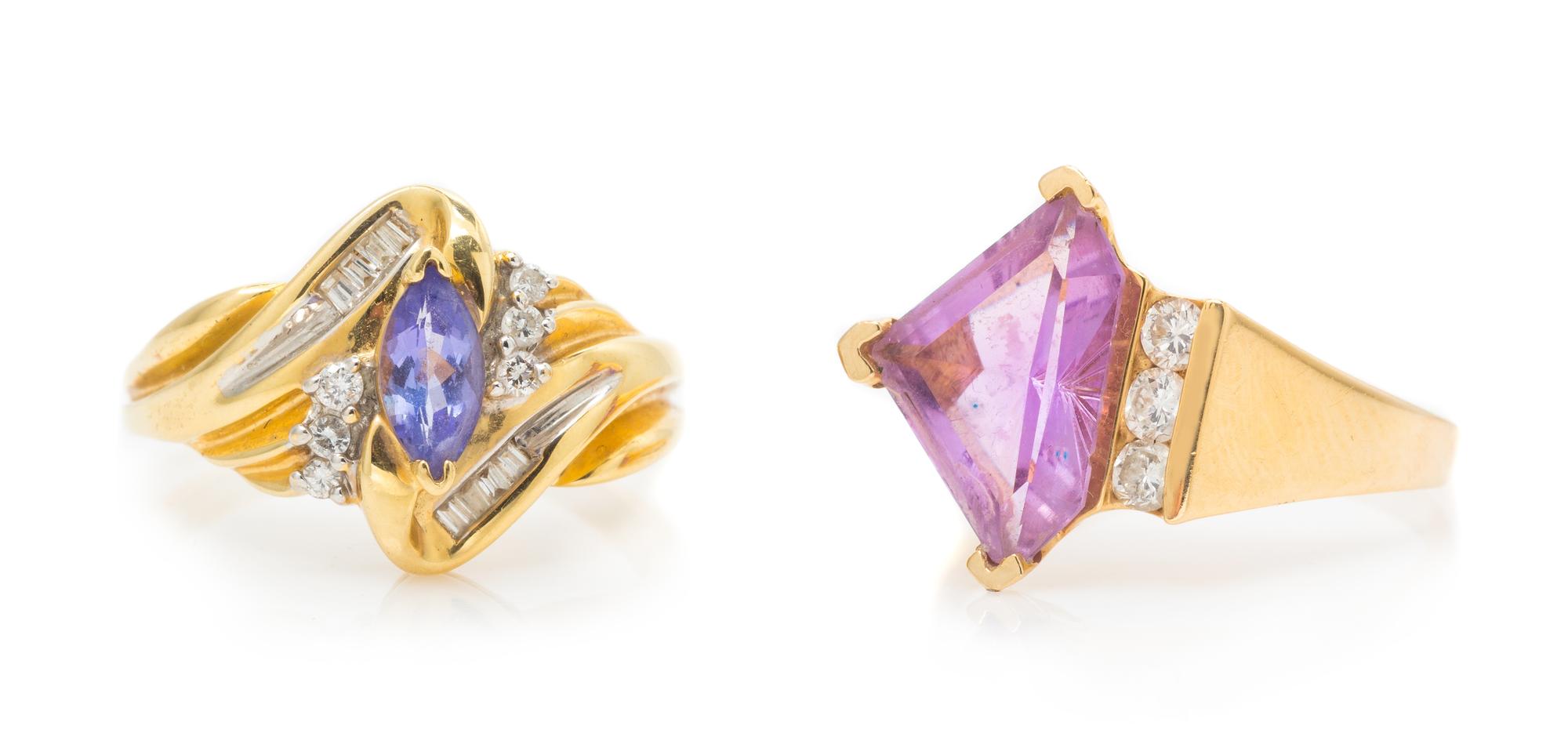 A Collection of 14 Karat Yellow Gold, Diamond and Gemstone Rings, 6.50 dwts.
