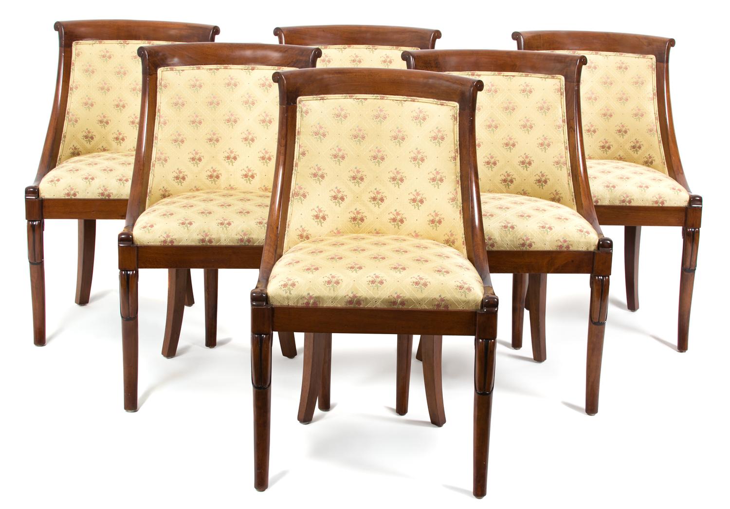 A Set of Six Barrel Back Mahogany Dining Chairs Height 32 x width 19 1/2 x 19 inches. — 20TH CENTURY