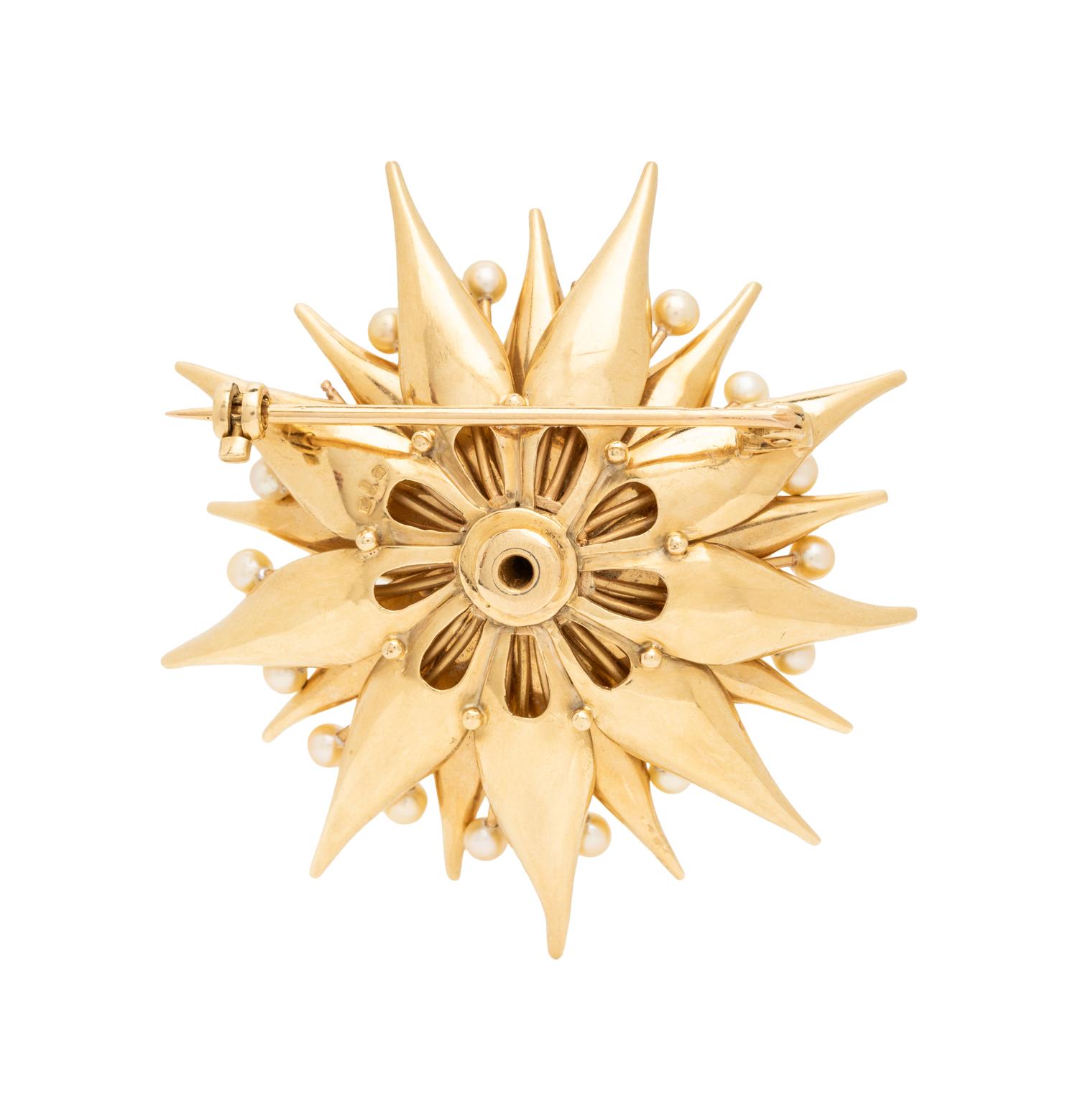 SEED PEARL, DIAMOND, AND YELLOW GOLD BROOCH