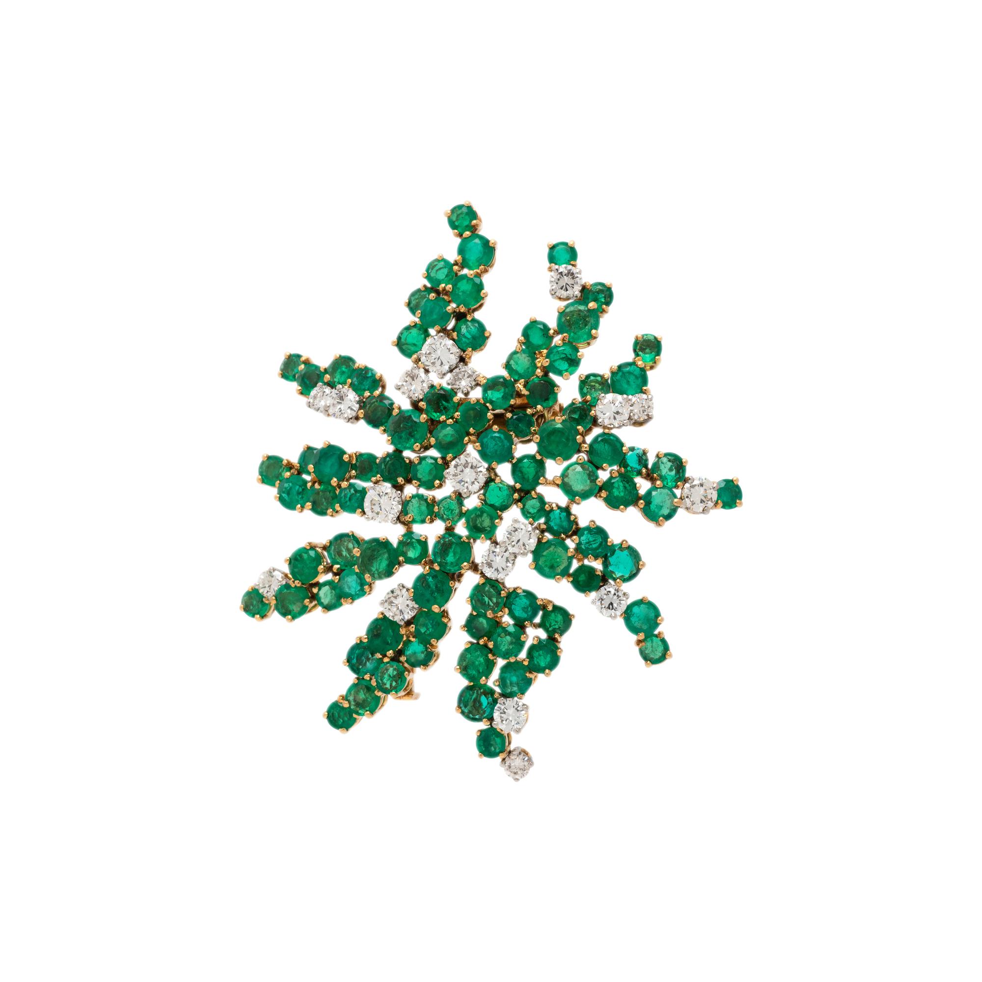 EMERALD, DIAMOND, AND YELLOW GOLD BROOCH