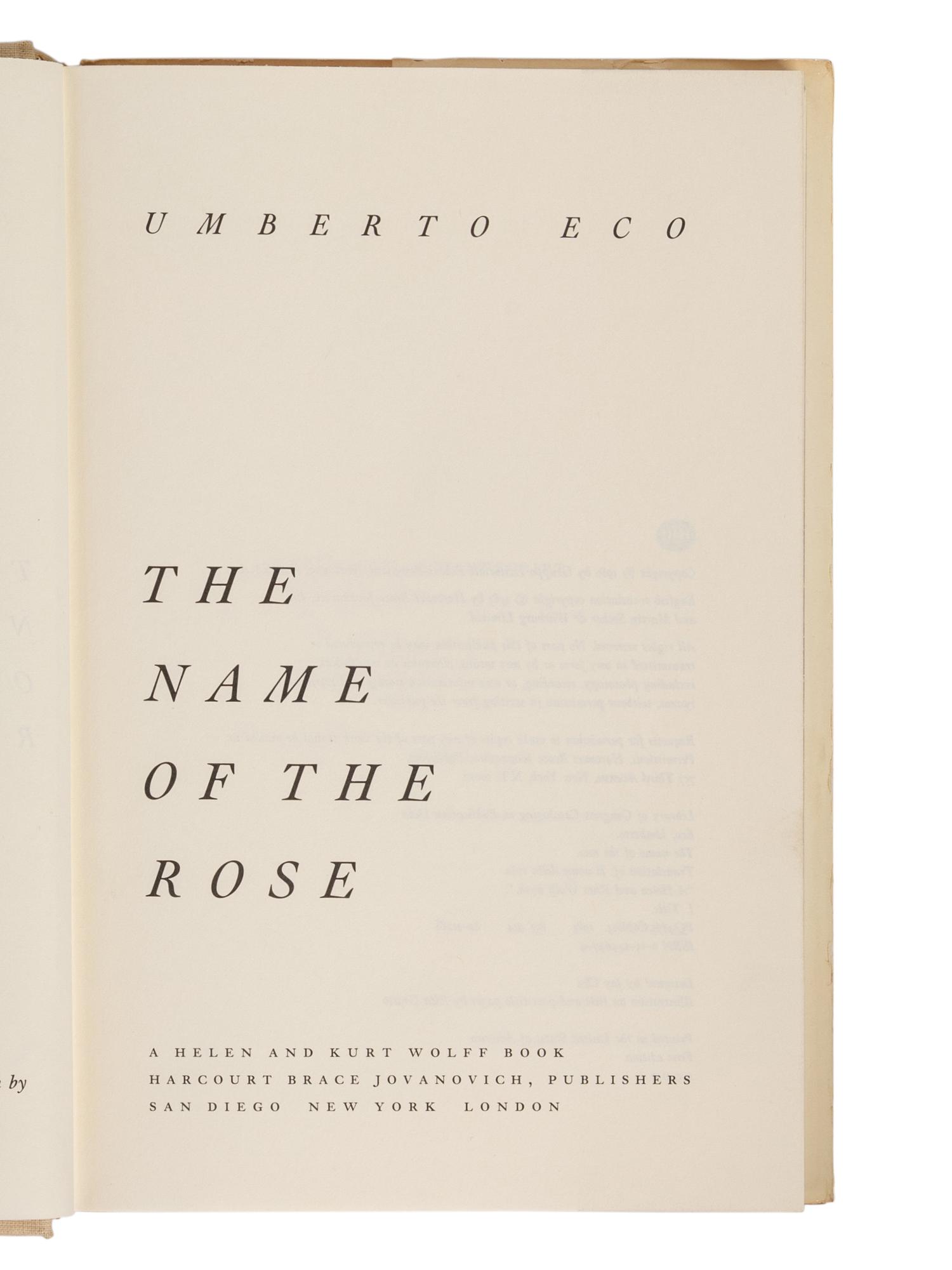 ECO, Umberto (1932-2016). A group of 6 works by Eco’s, MOST FIRST AMERICAN EDITIONS, comprising: