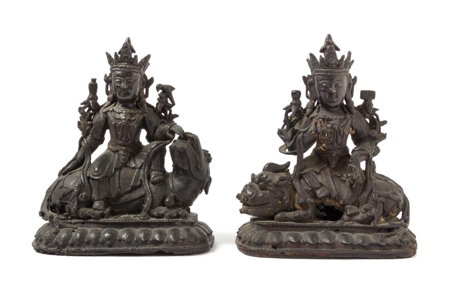 A Pair of Chinese Bronze Figures of Guanyin MING DYNASTY Height 9.5 x width 8 inches. — MING DYNASTY