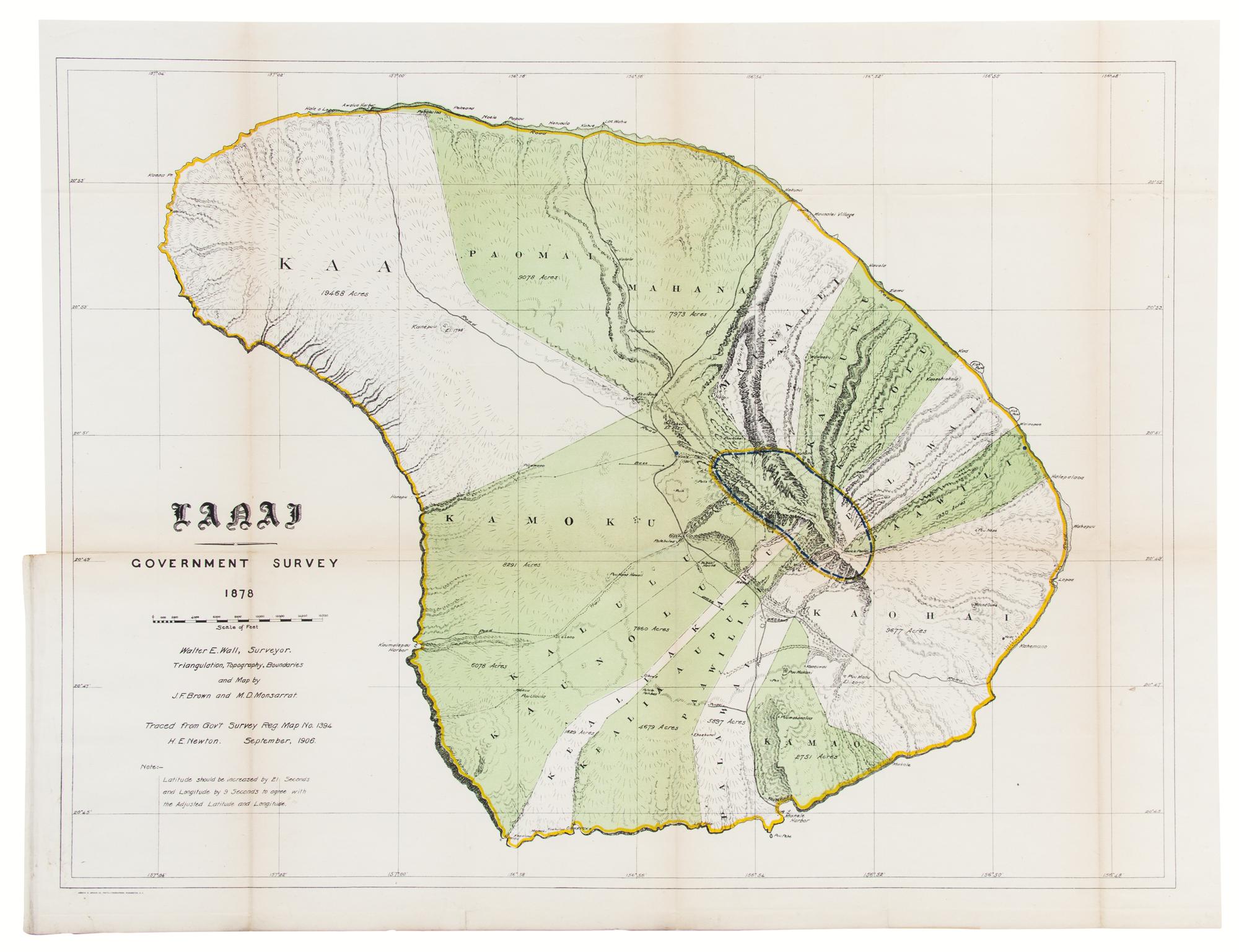 HAWAIIAN GOVERNMENT SURVEY. Lanai. Government Survey. 1878. [Updated to 1906]. Washington, D. C.: Andrew B. Graham, 1906.