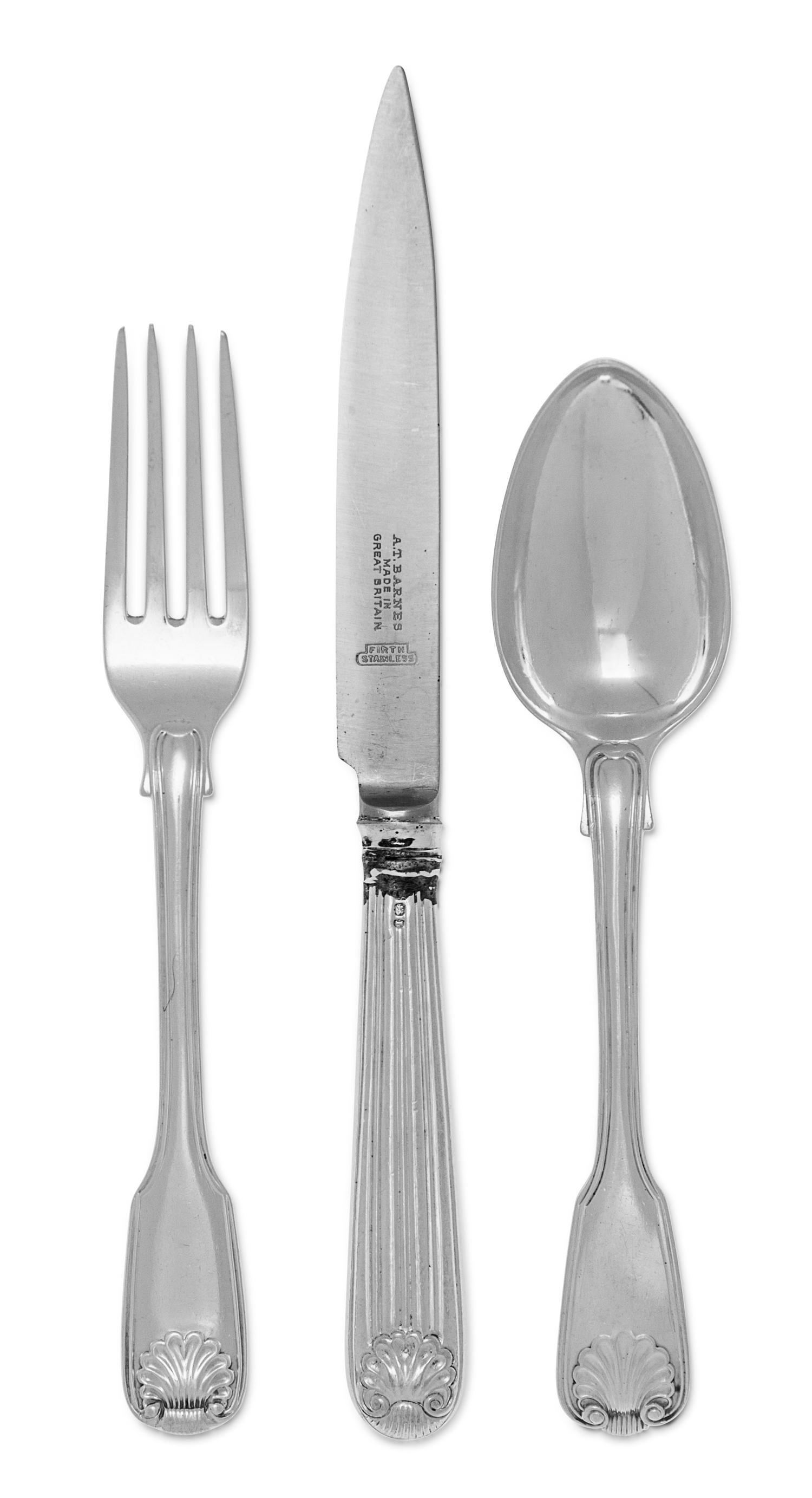 An Assembled English Silver Flatware Service, Various Makers, Primarily 19th Century, Fiddle, Thread and Shell pattern, engraved with v