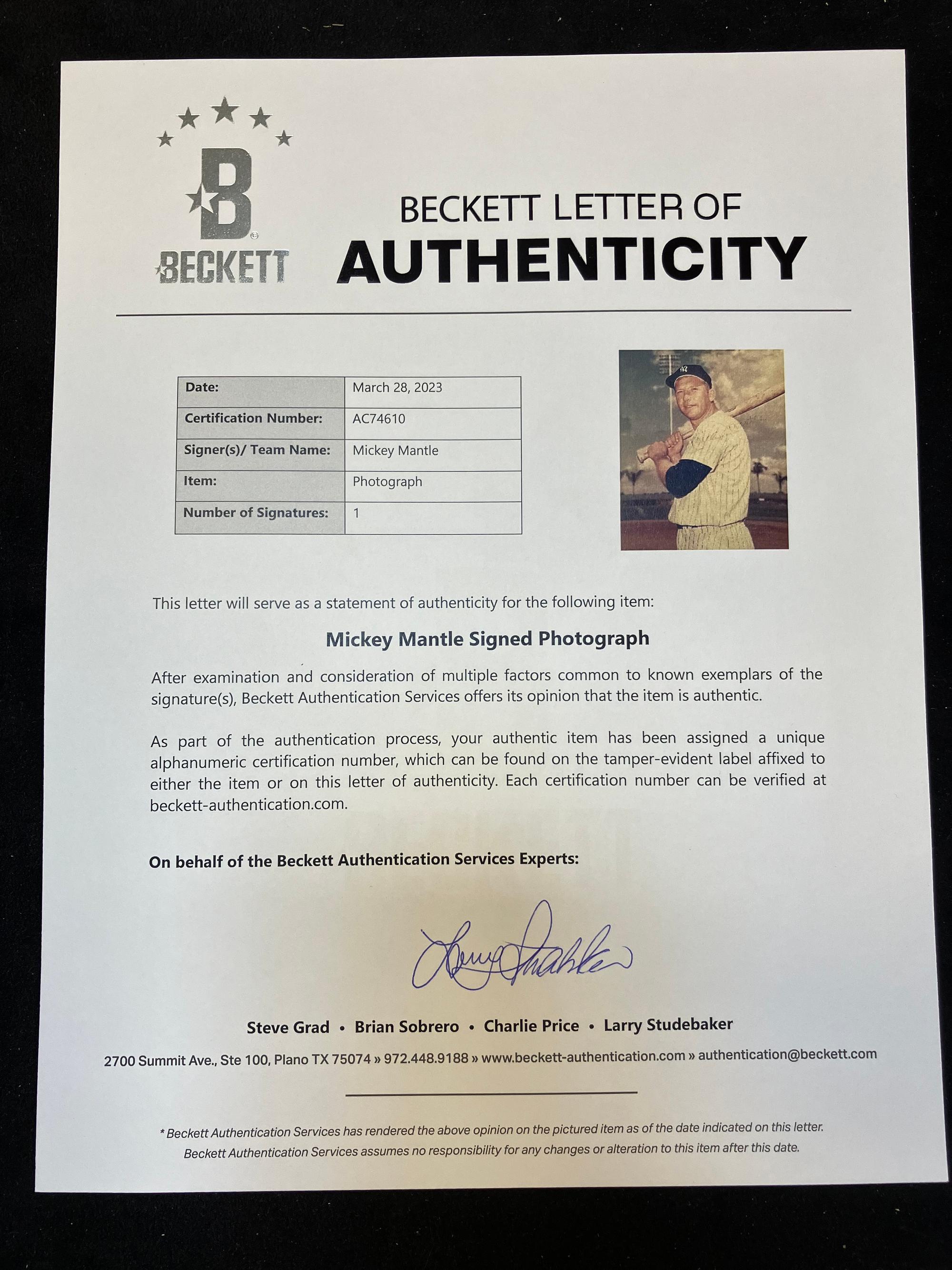A Group of Mickey Mantle and Ted Williams Signed Autograph Photos (Beckett Authentication Services Letters)