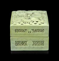 A Carved and Molded Pale Lime Glazed Porcelain 'Dragons' Seal Paste Box and Cover