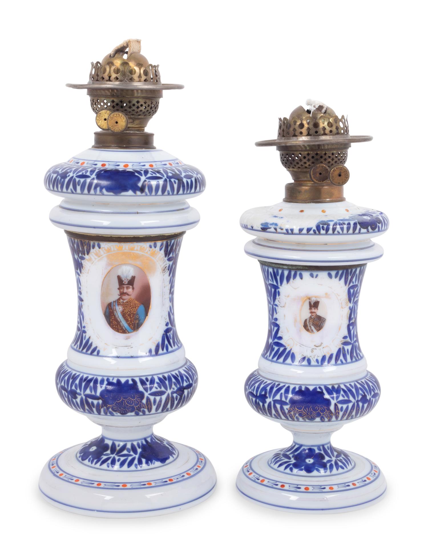 A Pair of Persian Market Opaline Glass Oil Lamps