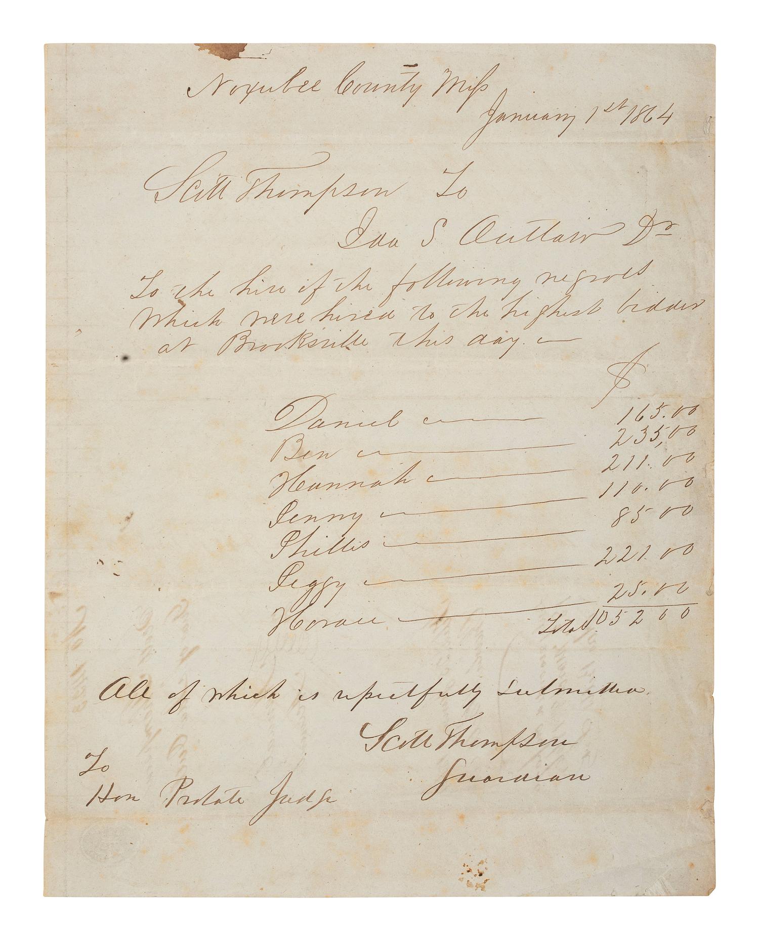 [ENSLAVEMENT & ABOLITION]. Manuscript document from Scott Thompson to Ida S. Outlaw regarding the hiring of 7 enslaved persons "which were hired to the highest bidder of Brooksville." Noxubee County, MS, 1 January 1864.