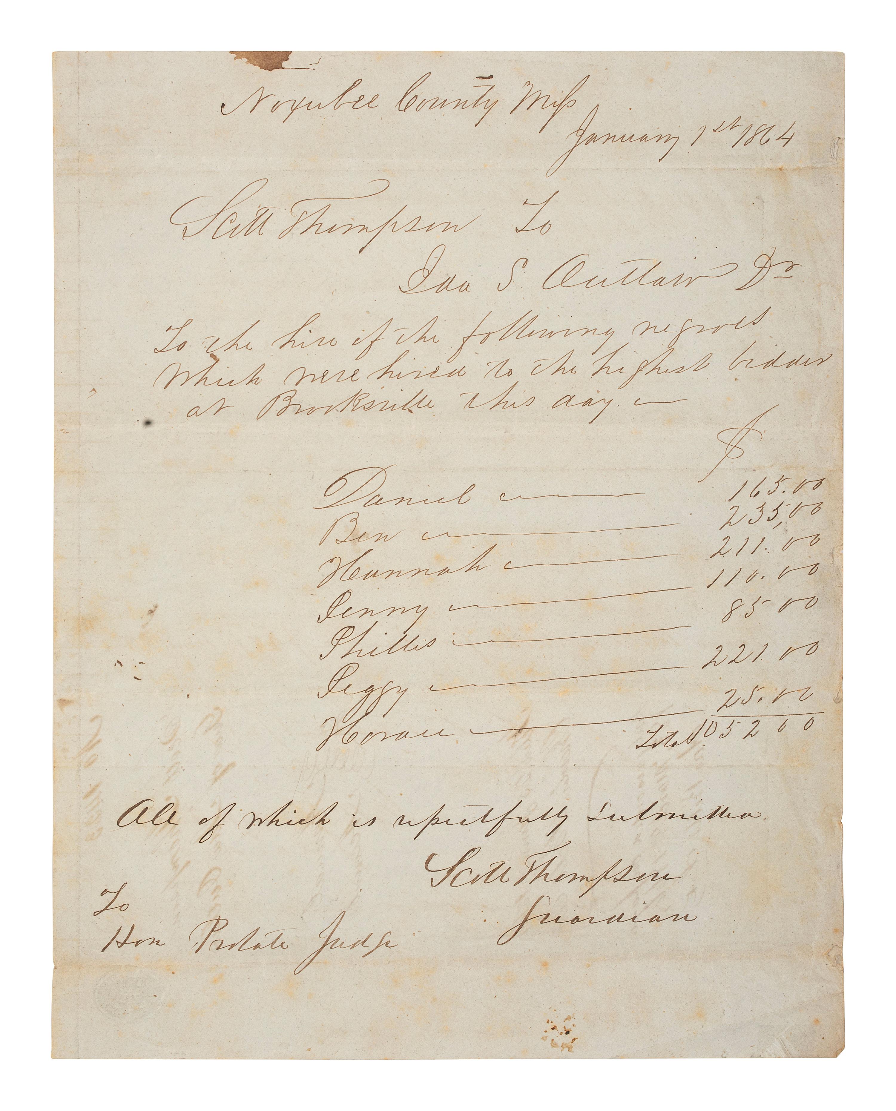 [ENSLAVEMENT & ABOLITION]. Manuscript document from Scott Thompson to Ida S. Outlaw regarding the hiring of 7 enslaved persons "which were hired to the highest bidder of Brooksville." Noxubee County, MS, 1 January 1864.