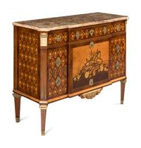A Louis XVI Style Marquetry and Marble-Top Commode