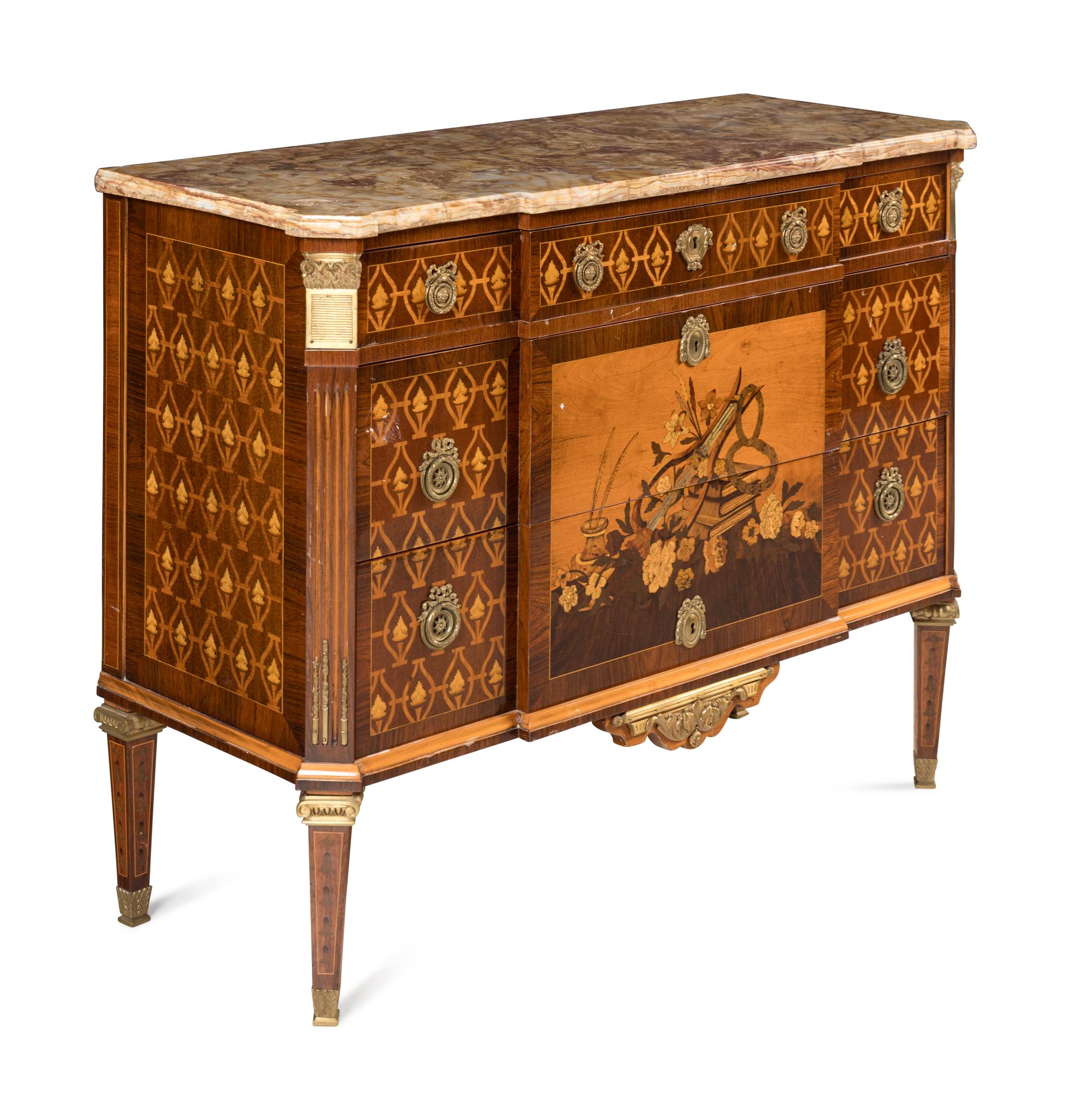A Louis XVI Style Marquetry and Marble-Top Commode