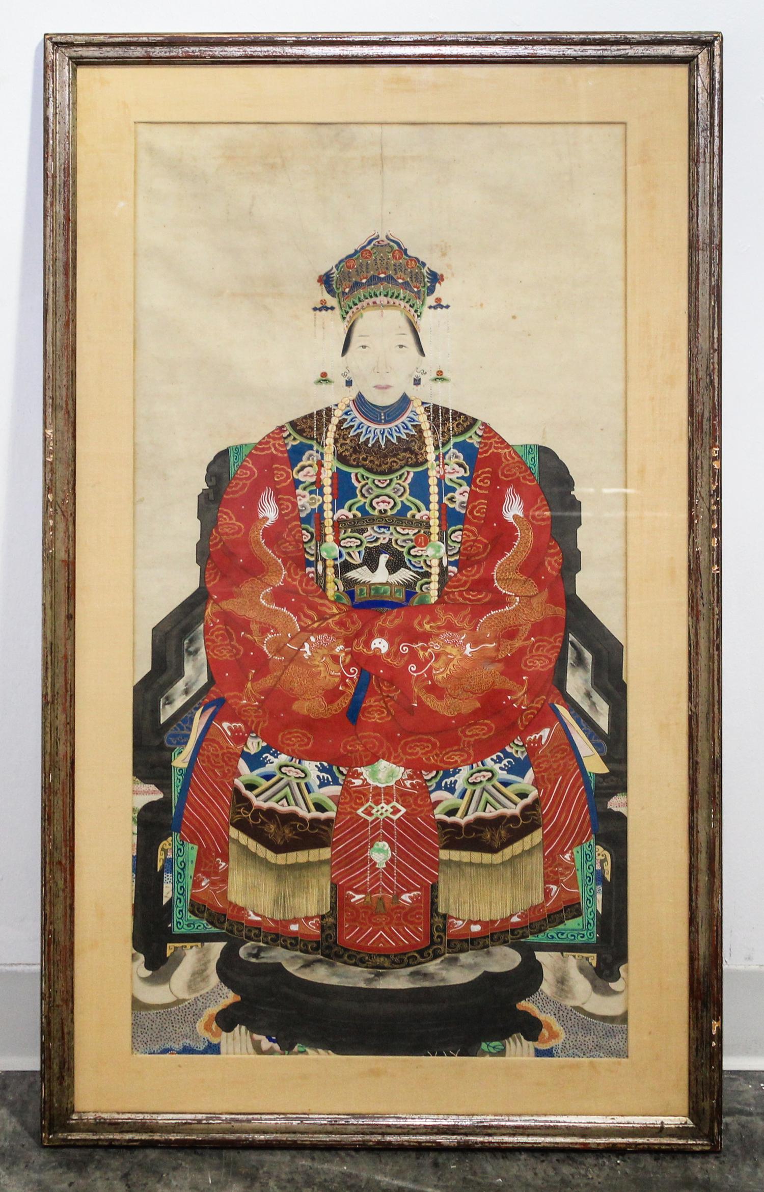 A Chinese Ancestor Portrait on Paper Height 40 x width 24 inches (framed).