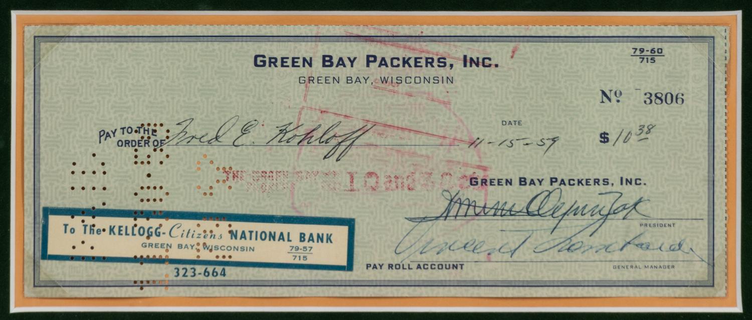 A Green Bay Packers Vince Lombardi Signed Autograph Check Presentation Formerly Displayed at Mike Ditka’s Restaurant
