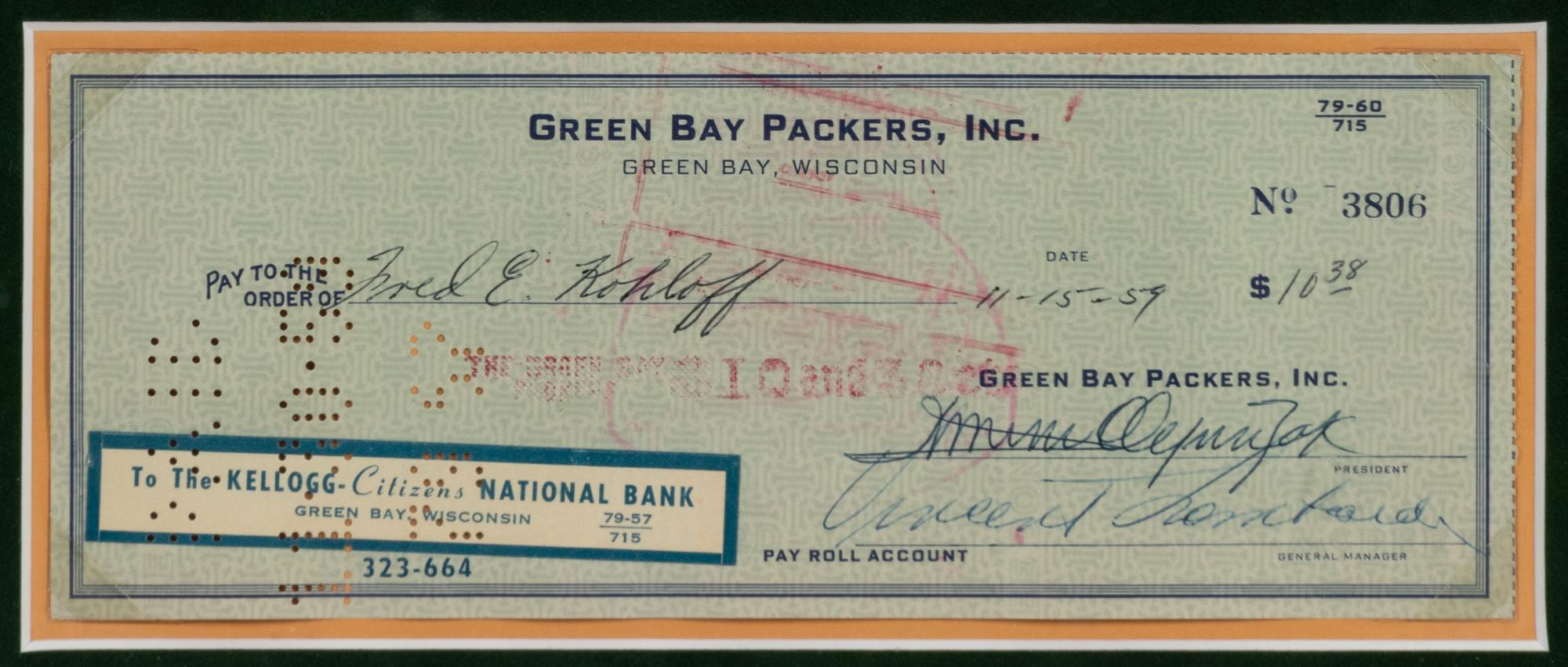 A Green Bay Packers Vince Lombardi Signed Autograph Check Presentation Formerly Displayed at Mike Ditka’s Restaurant