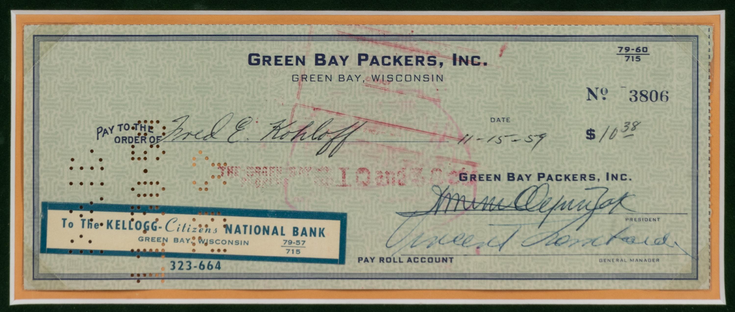 A Green Bay Packers Vince Lombardi Signed Autograph Check Presentation Formerly Displayed at Mike Ditka’s Restaurant