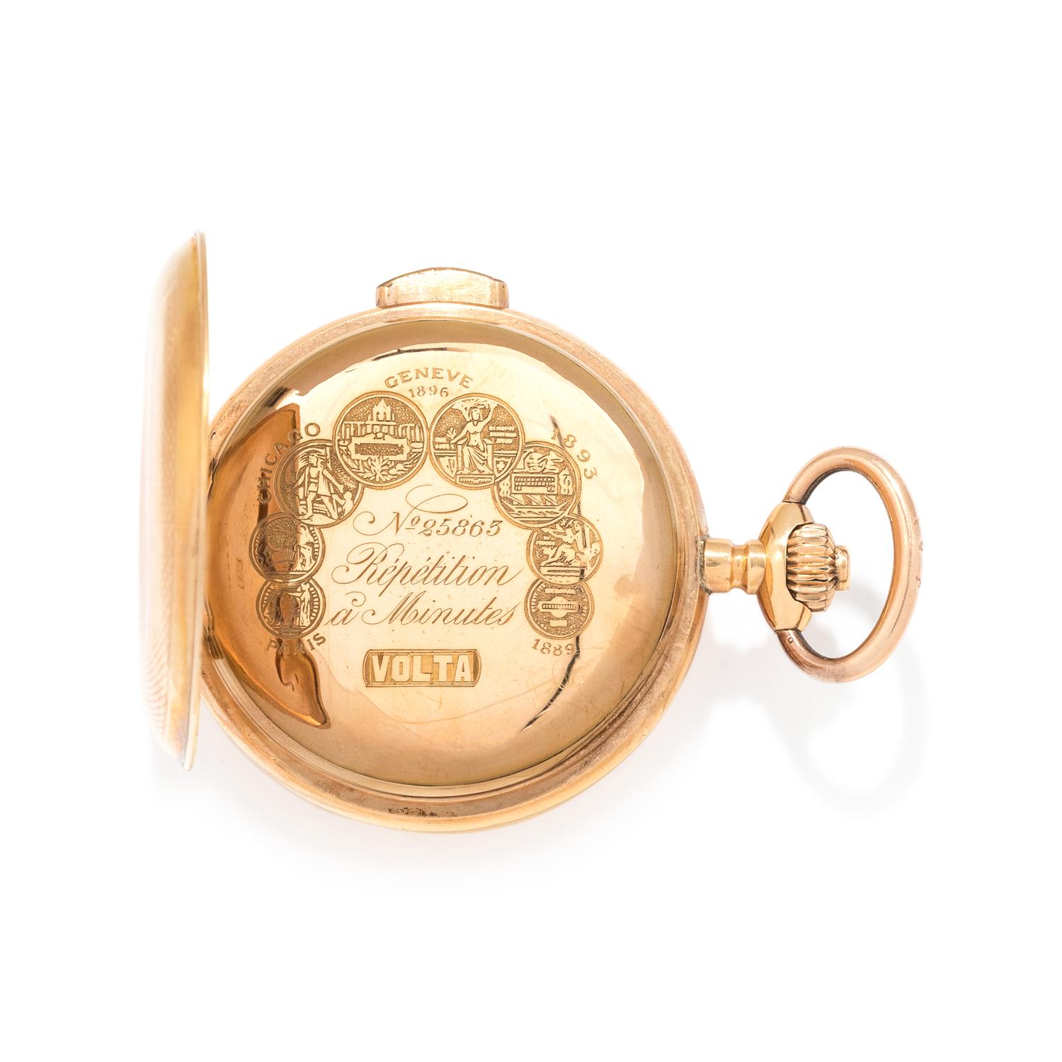 VOLTA, 18K YELLOW GOLD CHRONOGRAPH MINUTE REPEATER HUNTER CASE POCKET WATCH