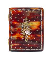 A Silver and Gold Inlaid Tortoise Shell Powder Box, 18th/19th Century, of rectangular form with grape and floral inlays, similaly decor