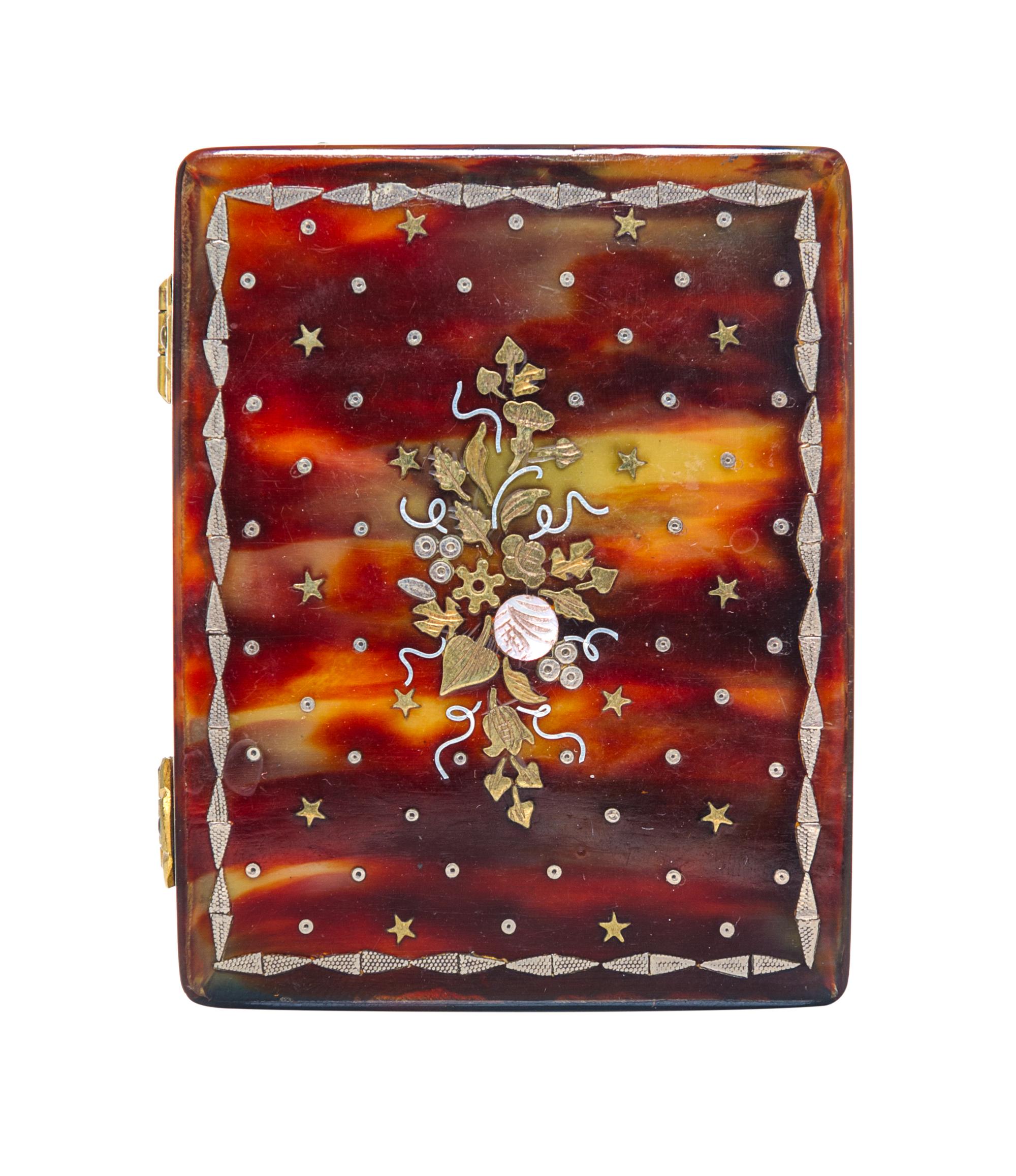 A Silver and Gold Inlaid Tortoise Shell Powder Box, 18th/19th Century, of rectangular form with grape and floral inlays, similaly decor