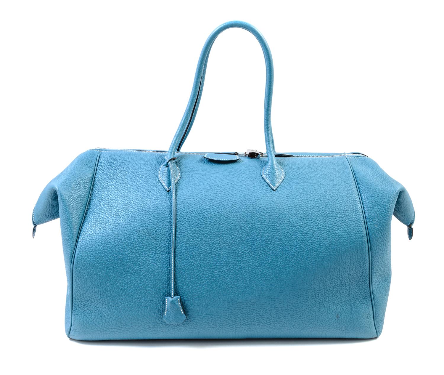 An Hermes Sky Blue Taurillon Clemence 50cm Paris Bombay Travel Bag, 20" x 14" x 8"; Handle drop: 8.5".
