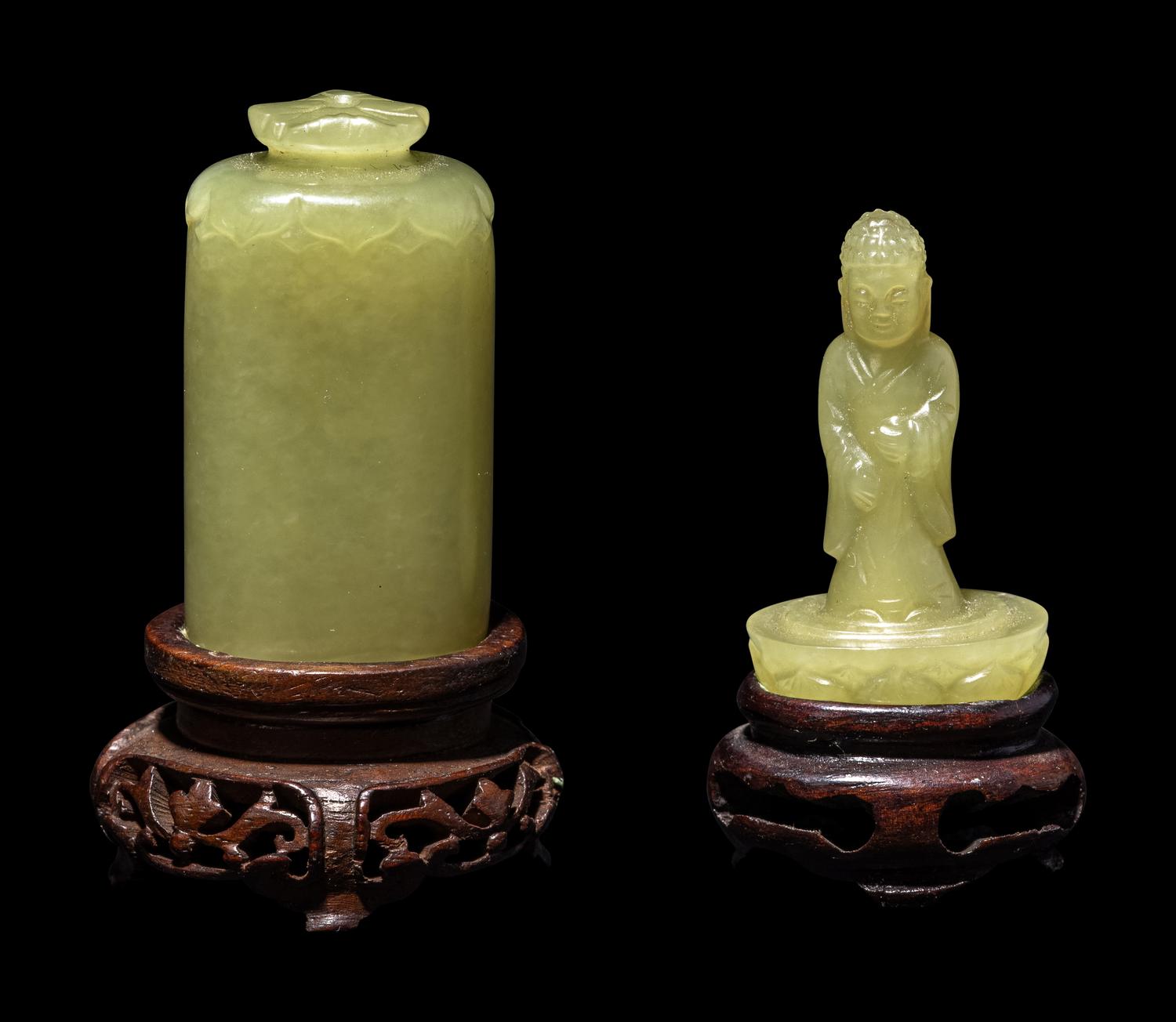 A Small Chinese Yellow Jade Figure of Buddha and Shrine