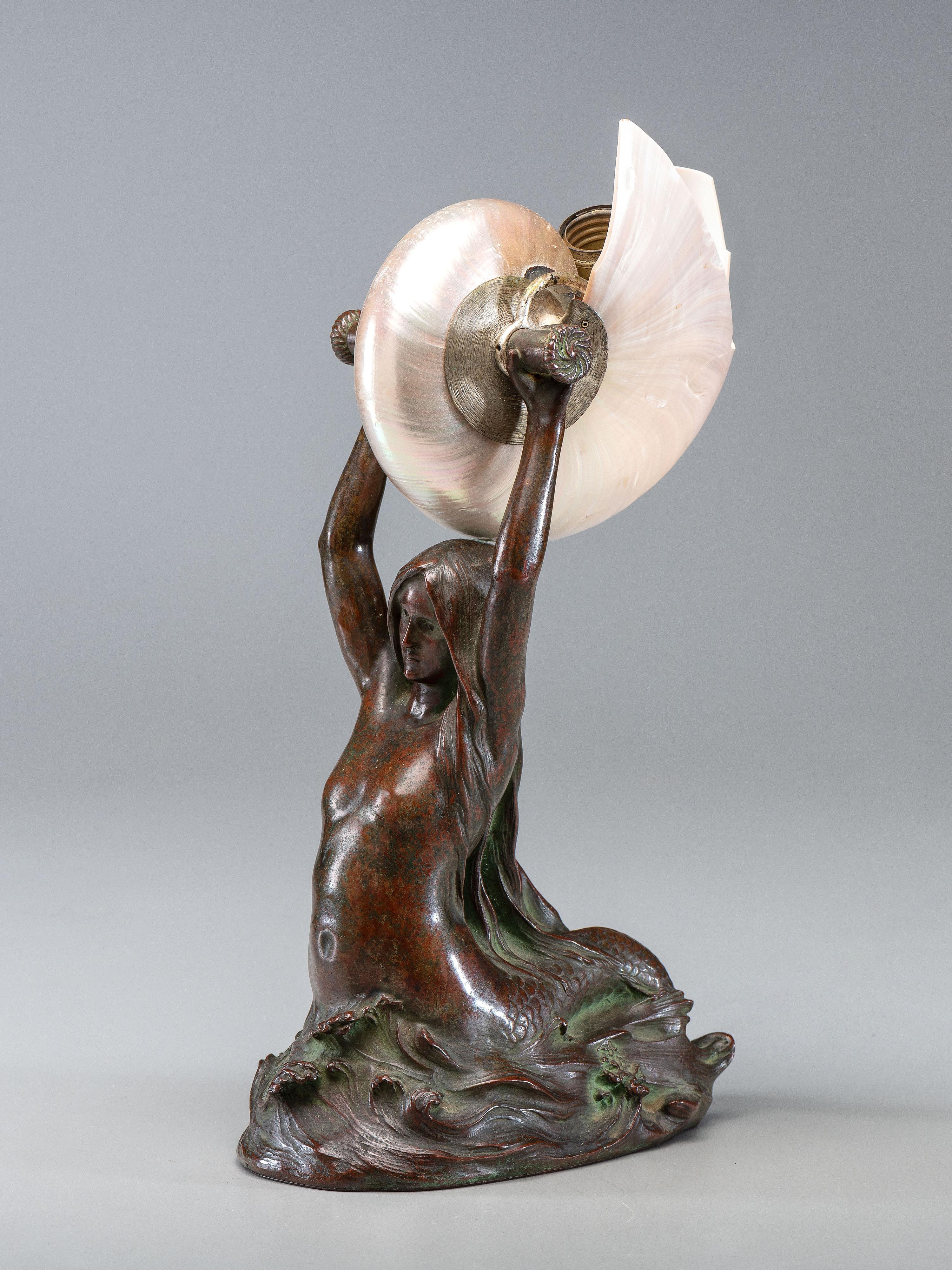 Nautilus Table Lamp, c. 1905 with a Mermaid base cast from a model by Louis Gudebrod