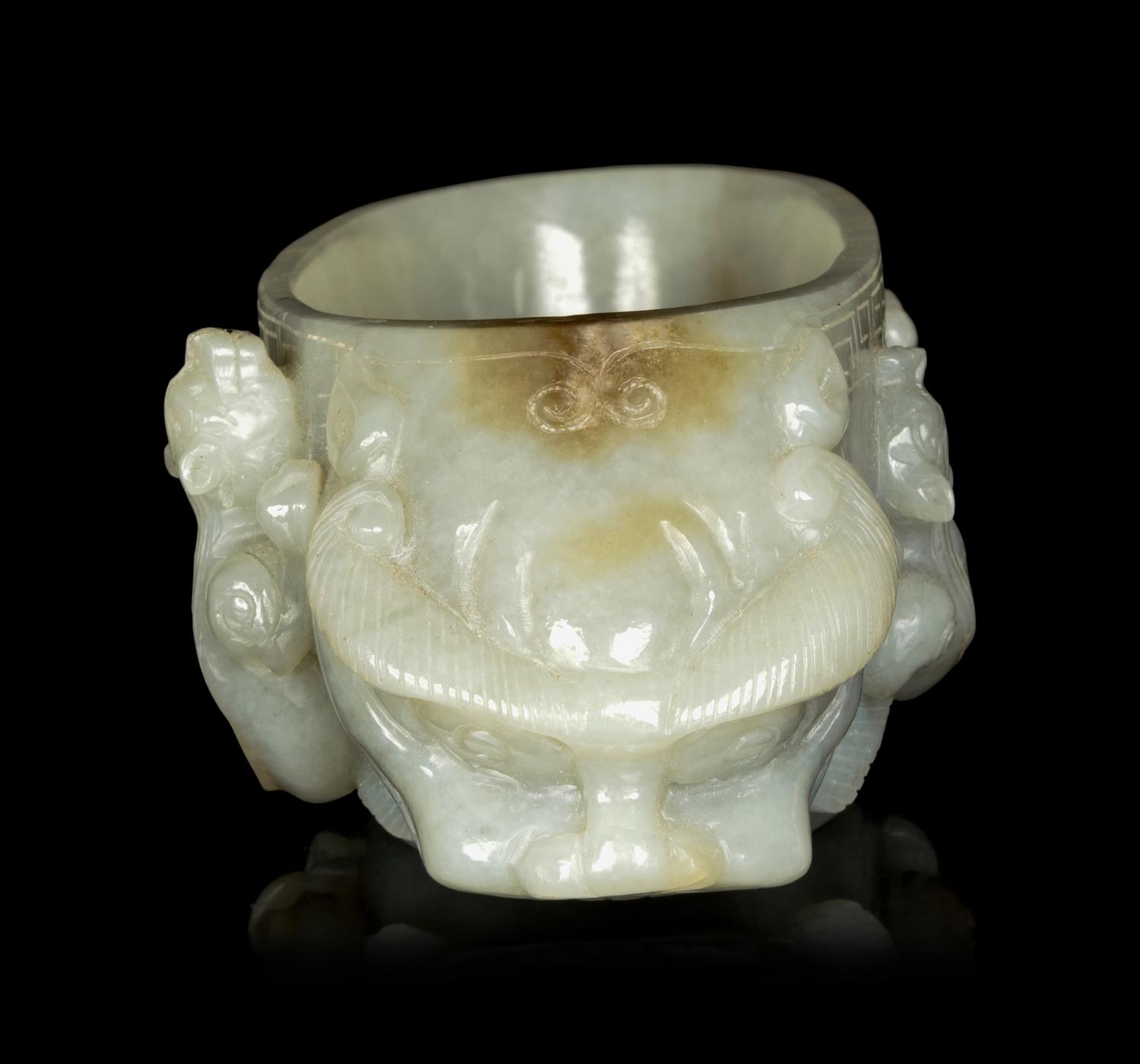 A Chinese Celadon Jade ' Chilong' Brush Washer