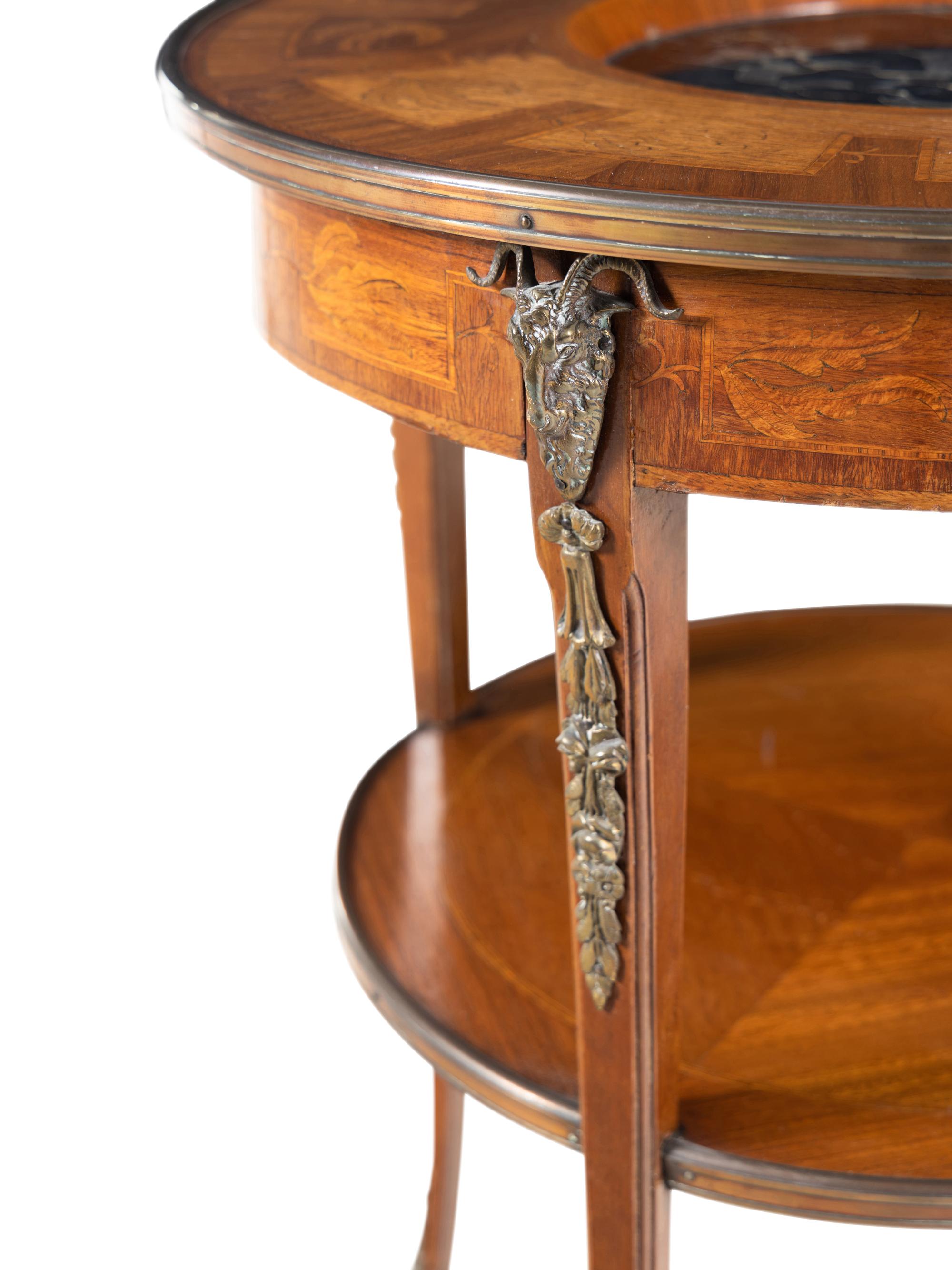 A Louis XVI Style Bronze Mounted Marquetry Marble-Inset Side Table
