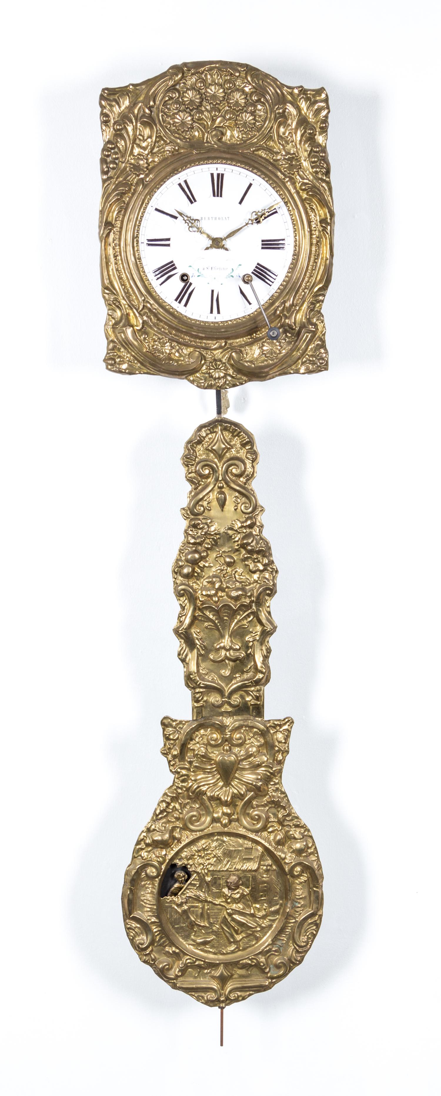 A French Brass Wag-On-The-Wall Clock Length of pendulum 43 1/2 inches. — BERTHOLAT A ST. ETIENNE