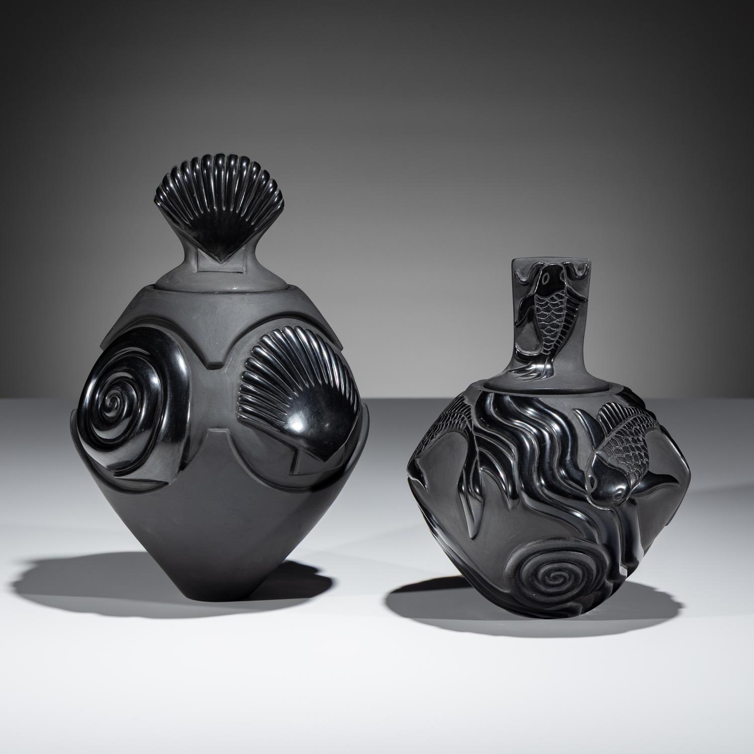 Carved Blackware Lidded Jars