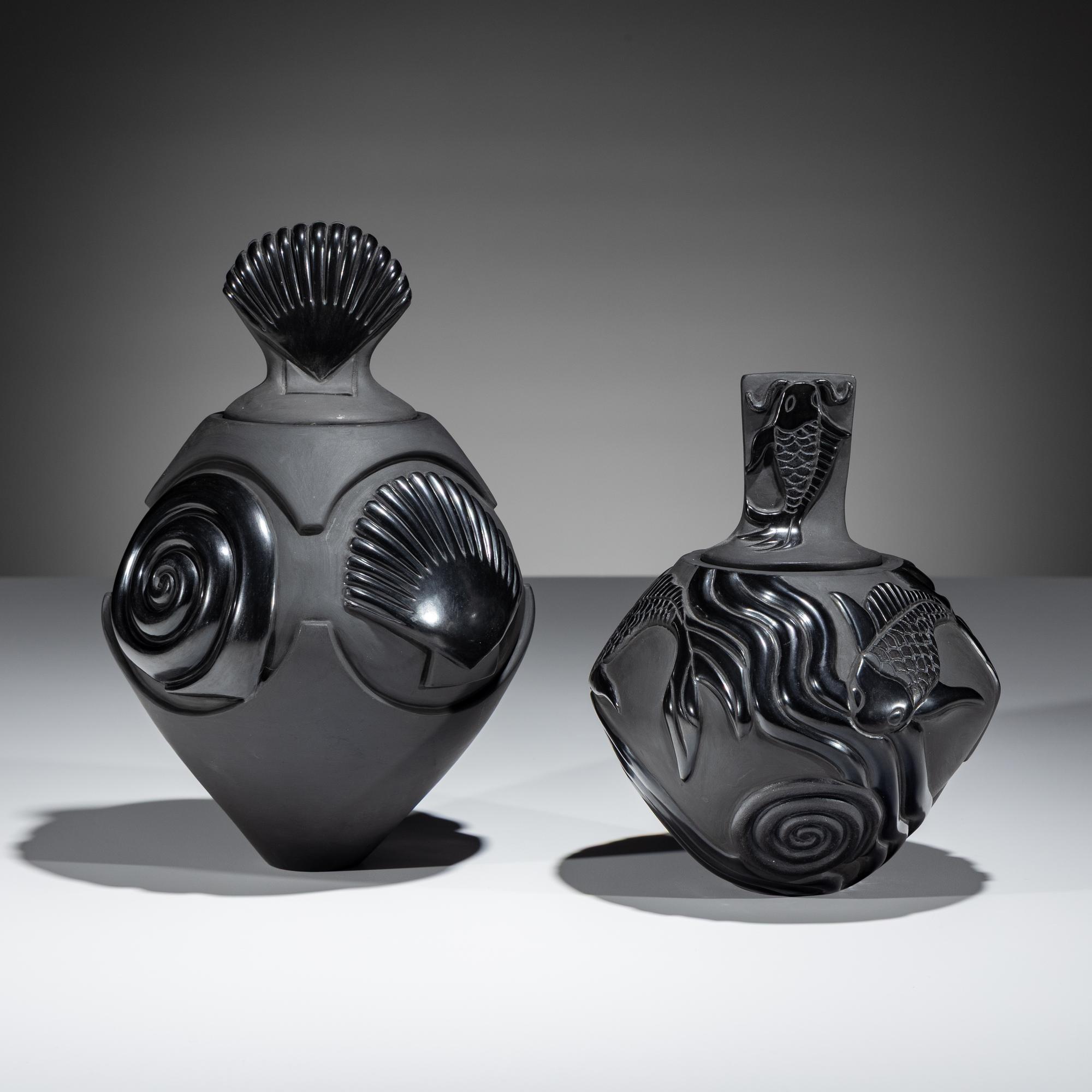 Carved Blackware Lidded Jars