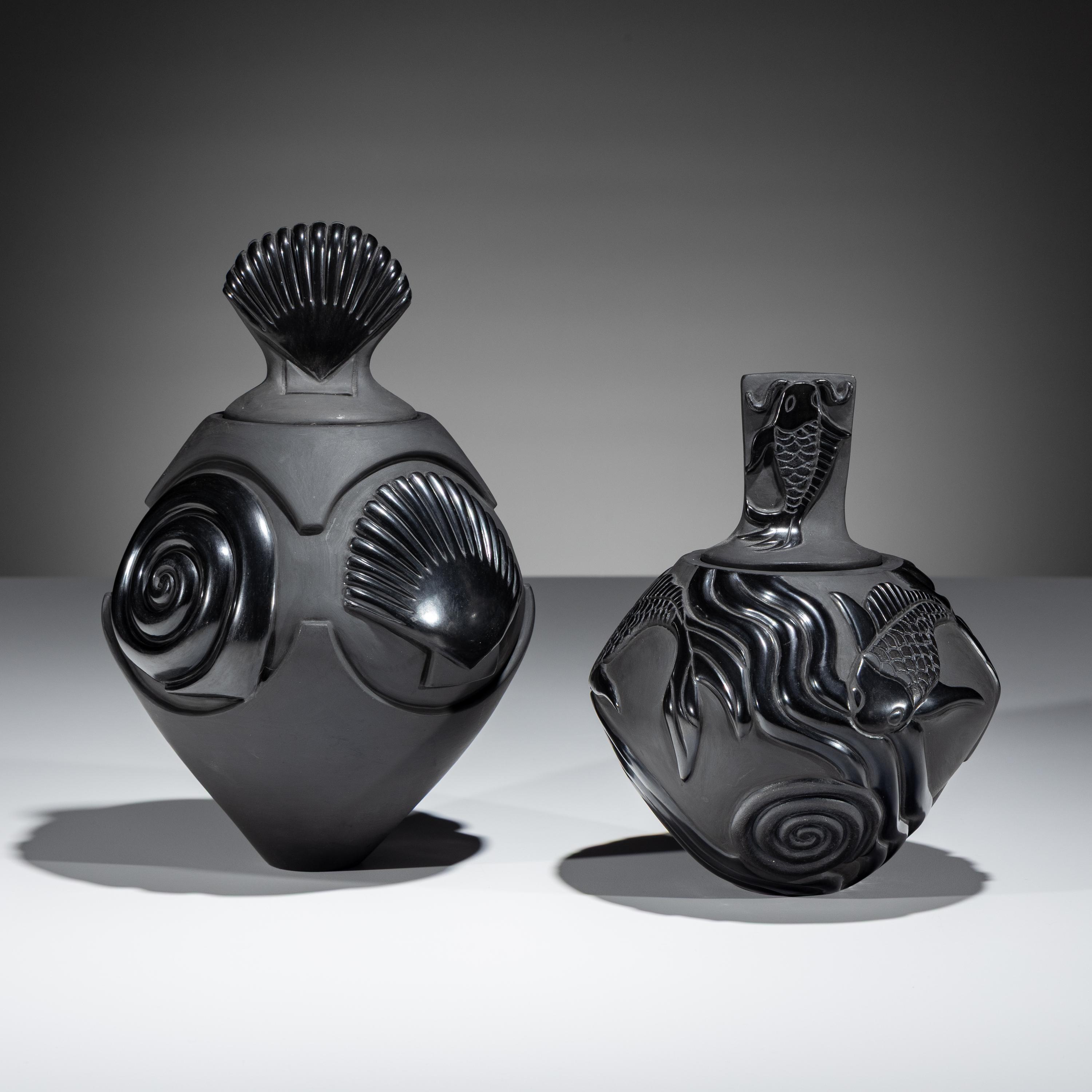Carved Blackware Lidded Jars