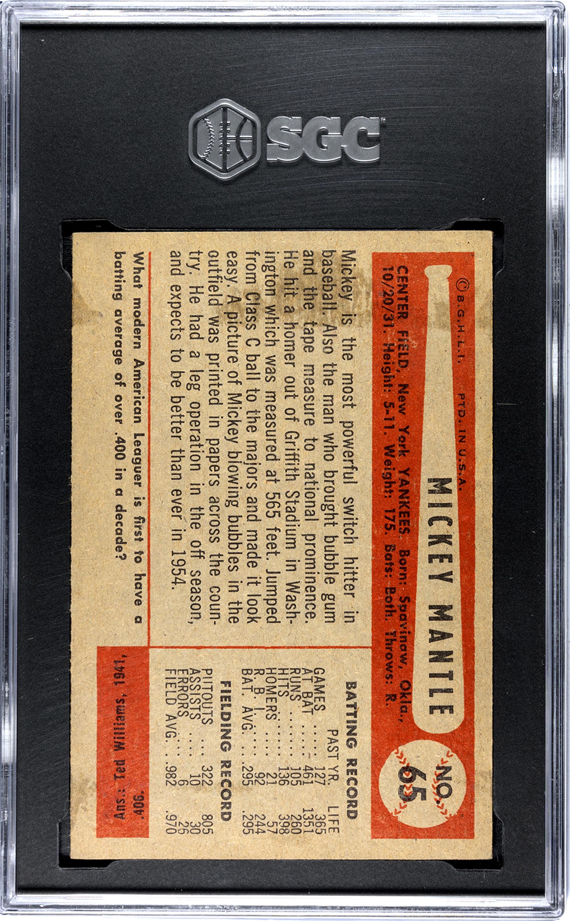 A 1954 Bowman Mickey Mantle Baseball Card No. 65 (SGC 4.5 VG-EX+)