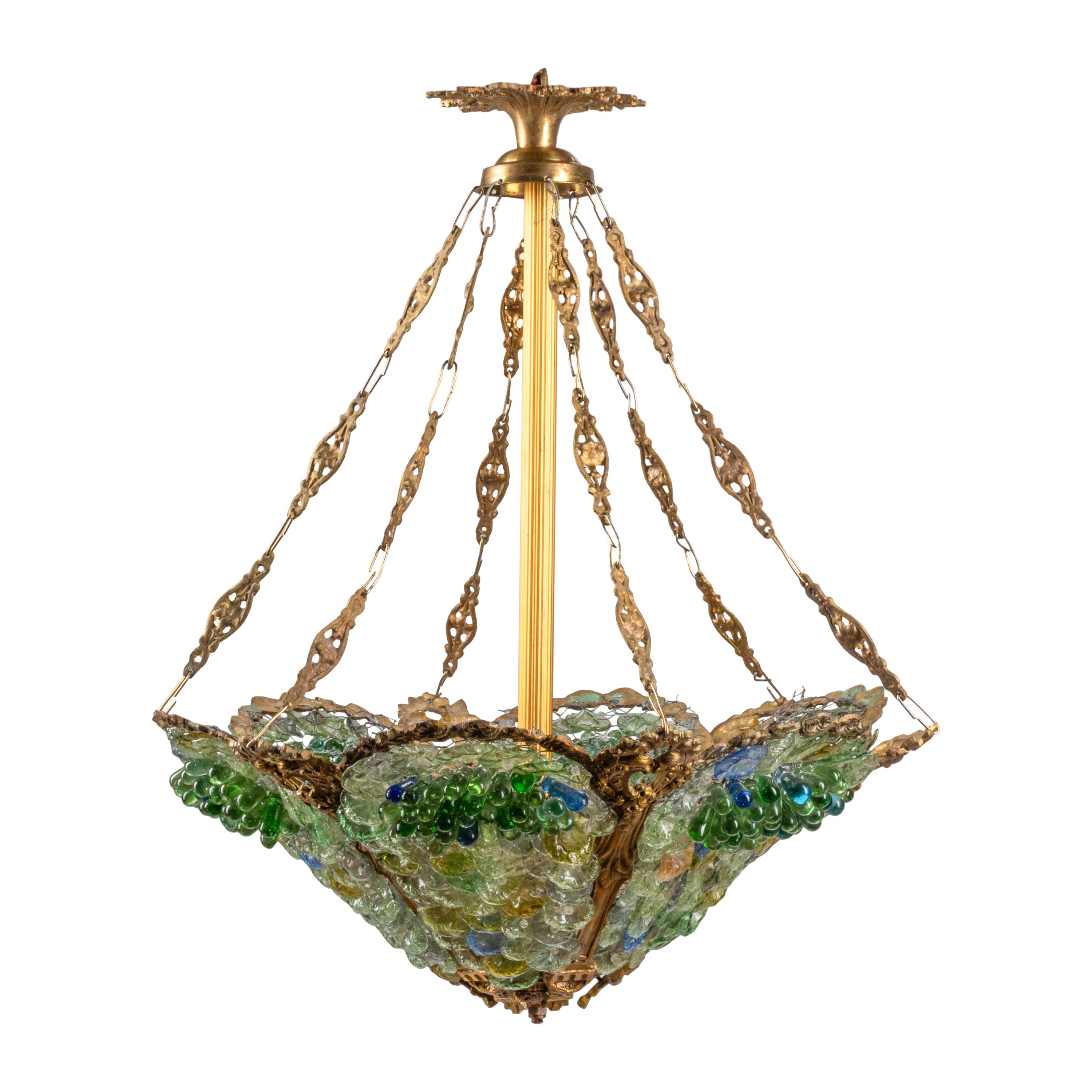 A Pair of Gilt Bronze and Colored Glass Hexagonal Chandeliers
