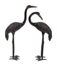 A Large Japanese Bronze Group of Two Cranes