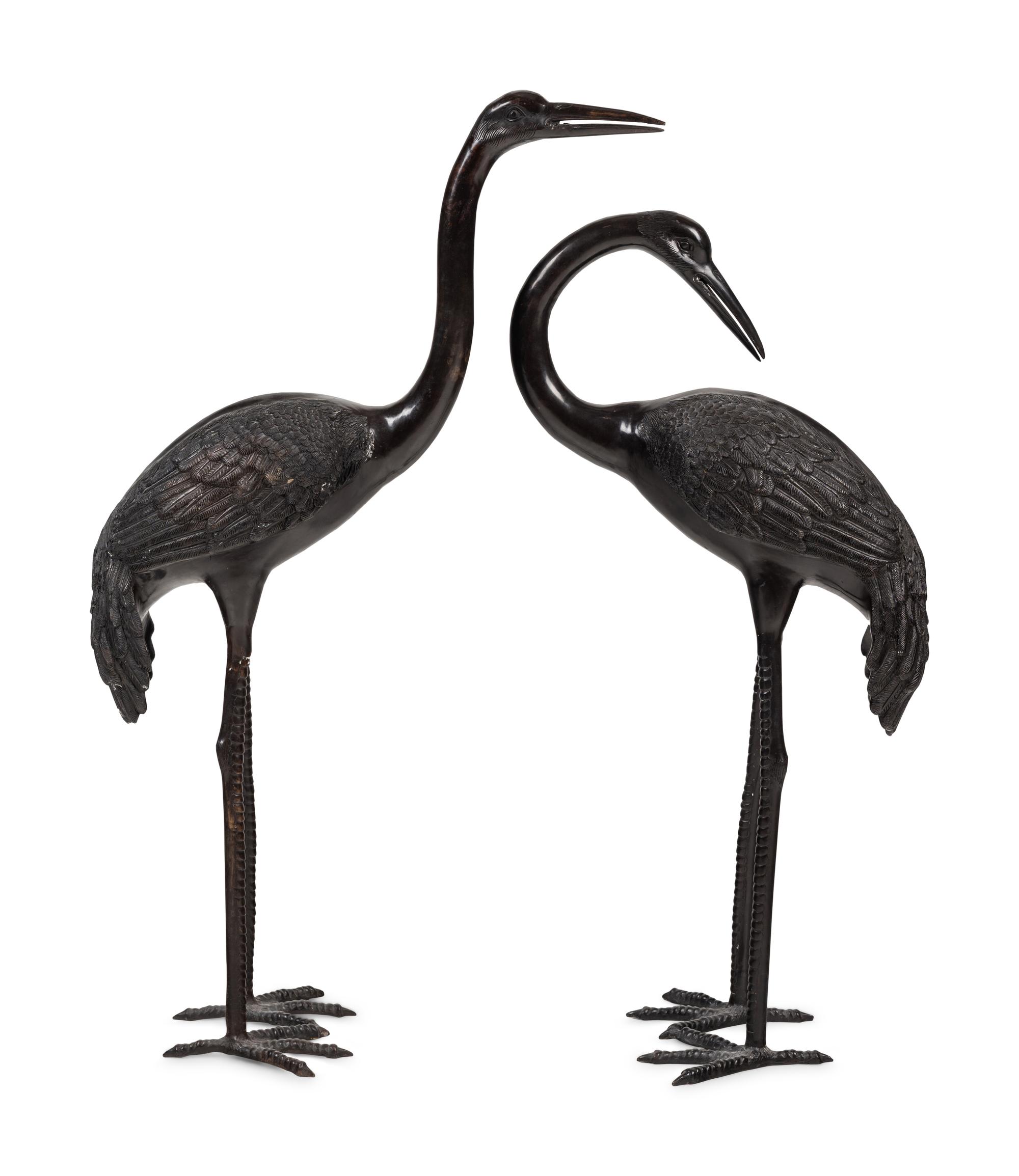 A Large Japanese Bronze Group of Two Cranes