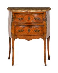 A Louis XV Style Tulipwood-Veneered and Gilt Bronze Mounted Marble-Top Commode