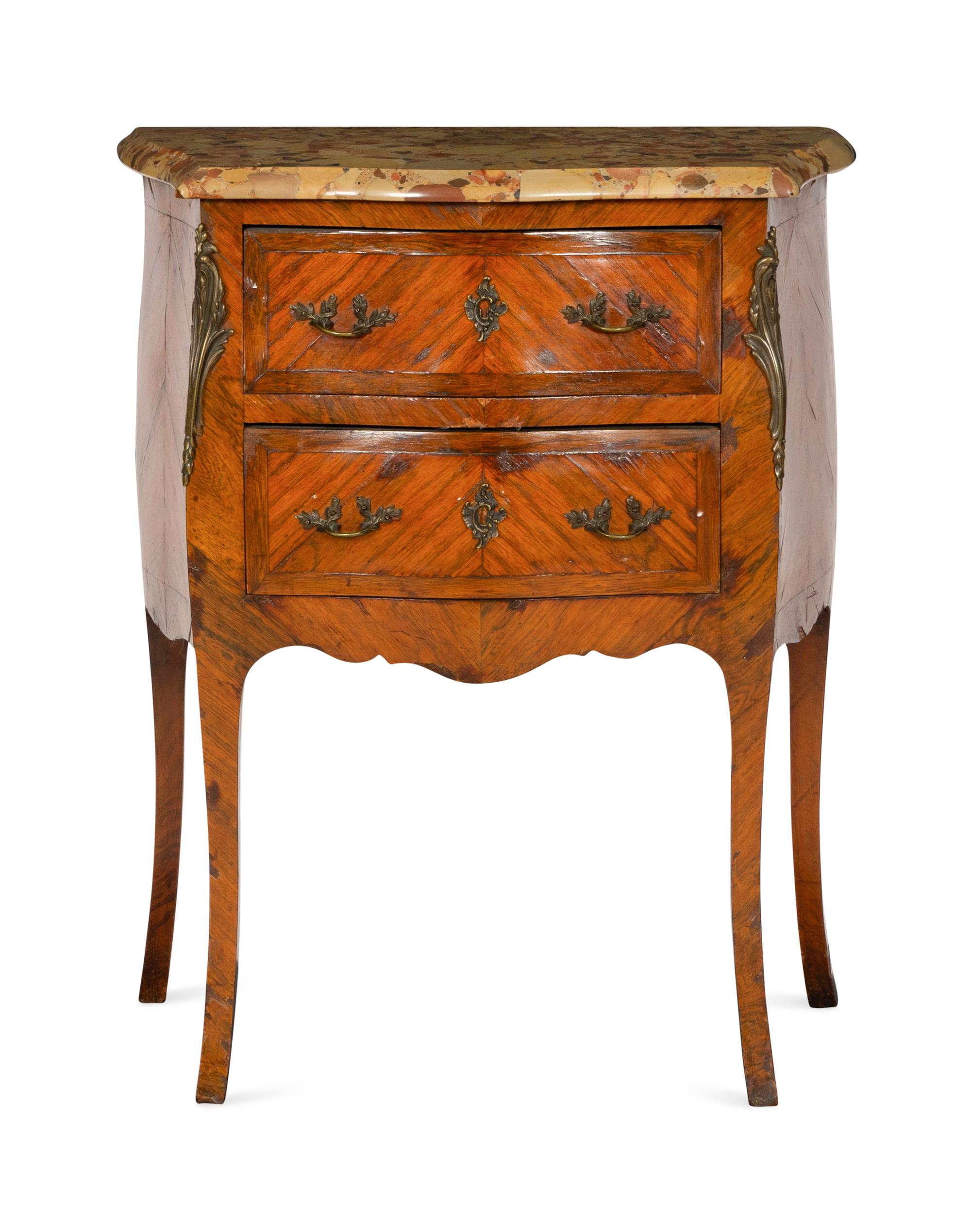 A Louis XV Style Tulipwood-Veneered and Gilt Bronze Mounted Marble-Top Commode