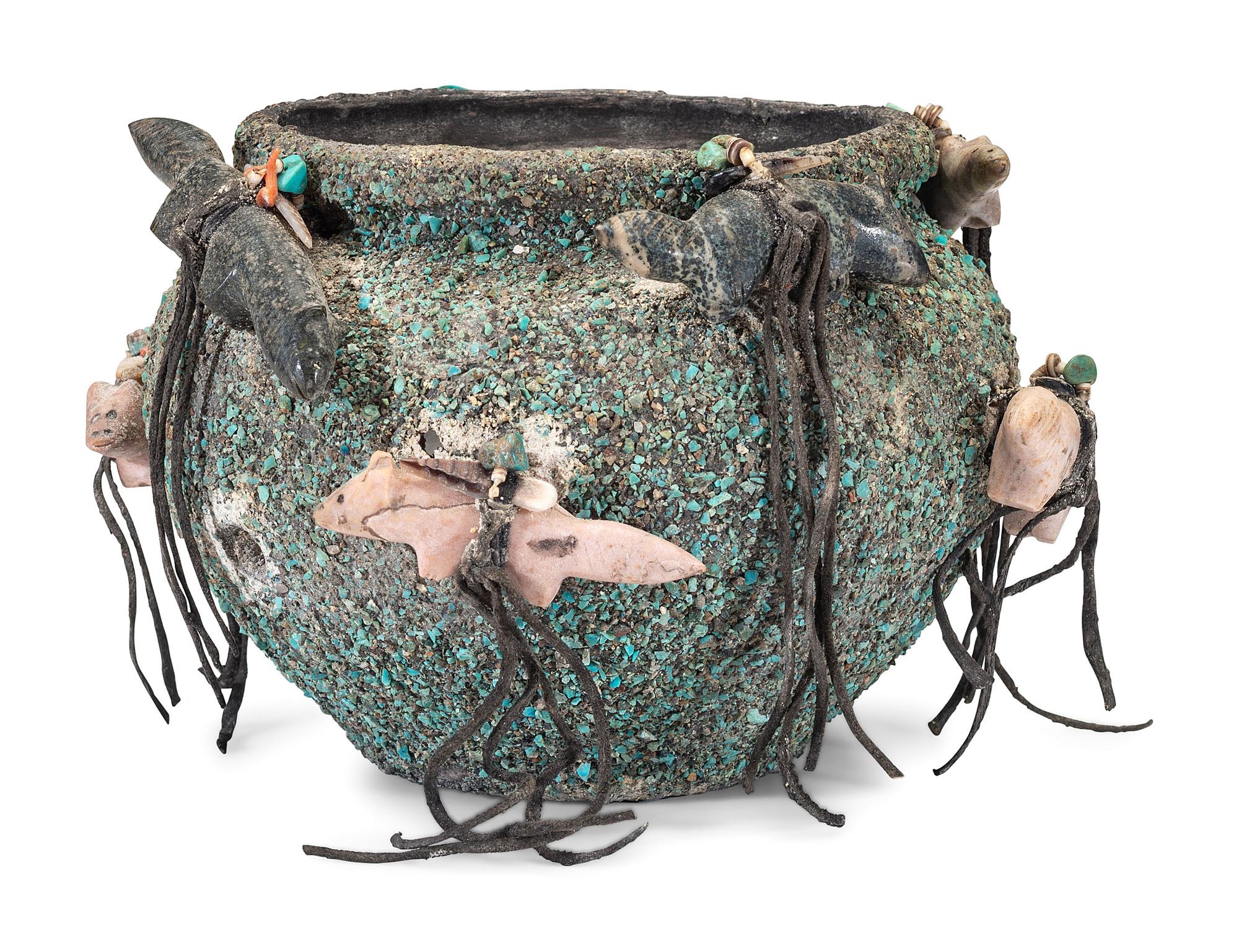 Turquoise Encrusted Pottery Fetish Bowl