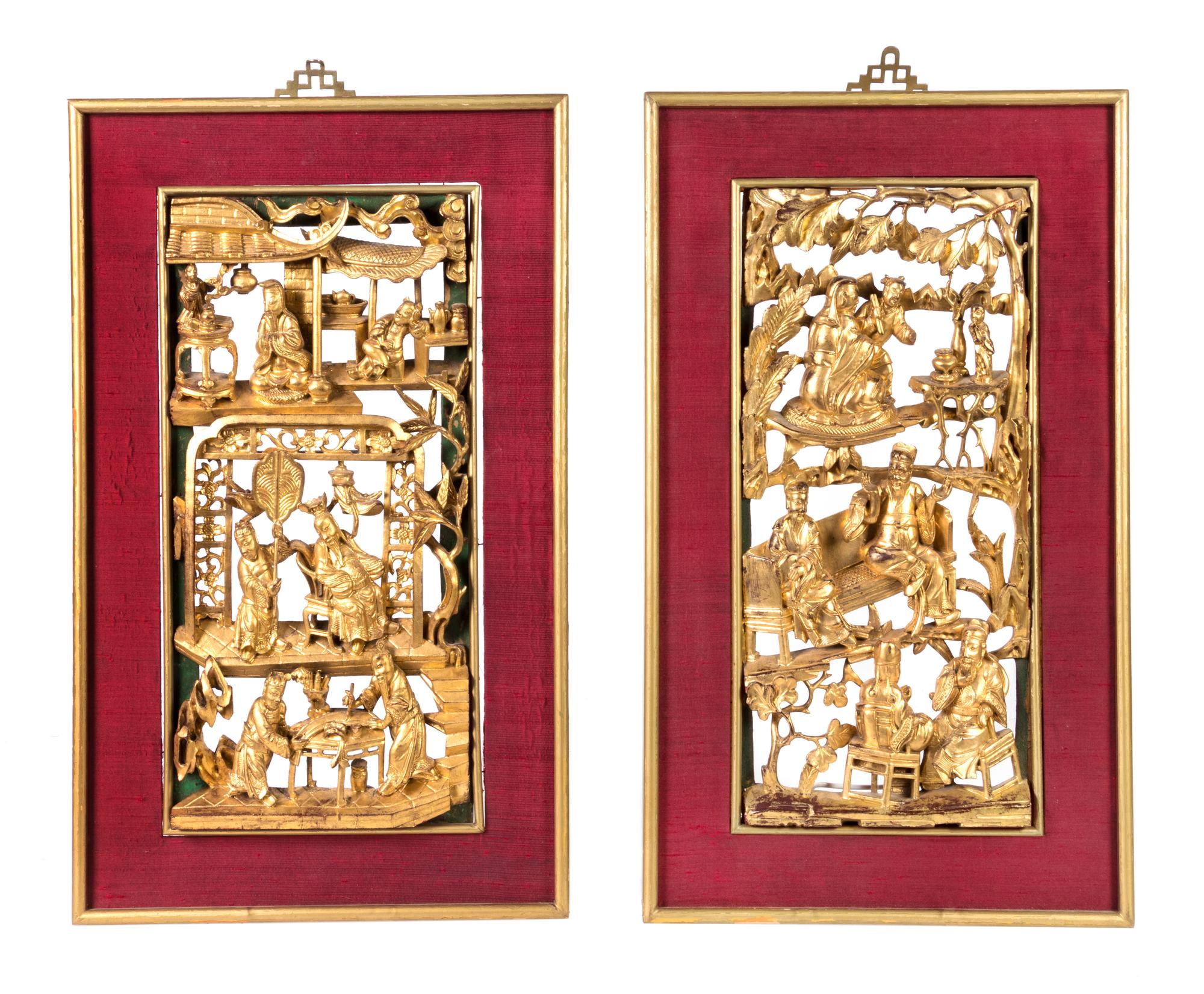 Two Chinese Gilt Decorated Wood Panels Height of each 21 x width 12 1/2 inches.
