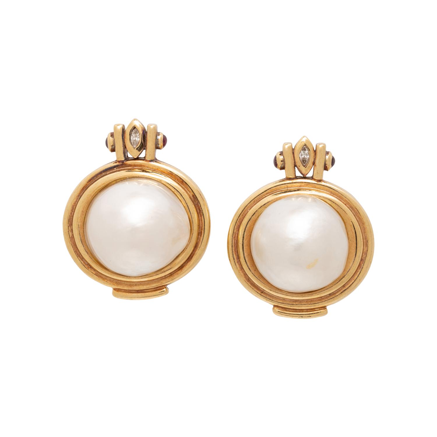 MABÉ PEARL, DIAMOND, AND RUBY CLIP EARRINGS