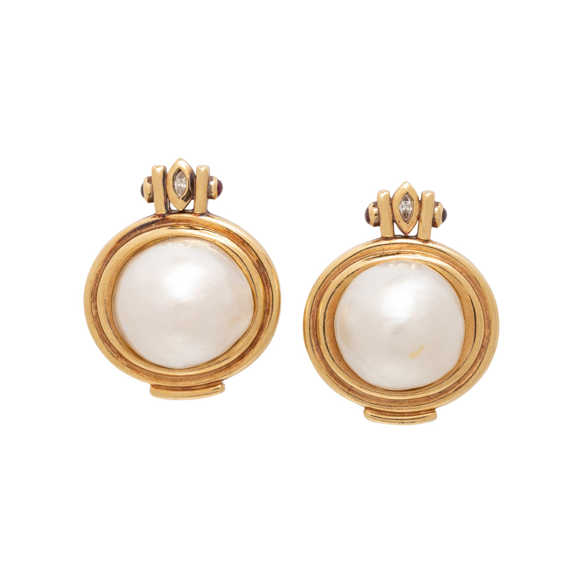 MABÉ PEARL, DIAMOND, AND RUBY CLIP EARRINGS