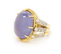An 18 Karat Yellow Gold, Blue Chalcedony and Diamond Ring, 14.10 dwts.