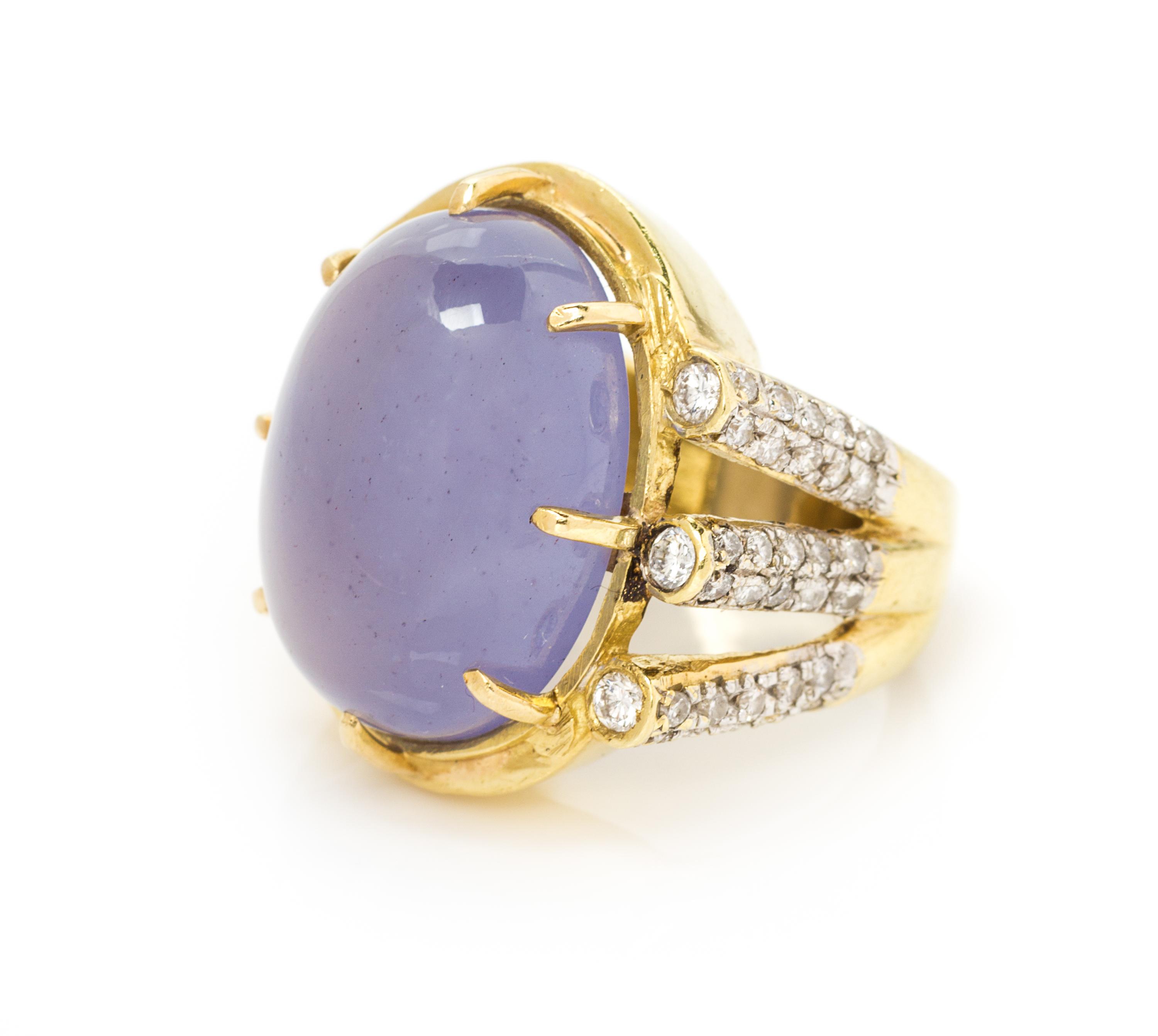 An 18 Karat Yellow Gold, Blue Chalcedony and Diamond Ring, 14.10 dwts.