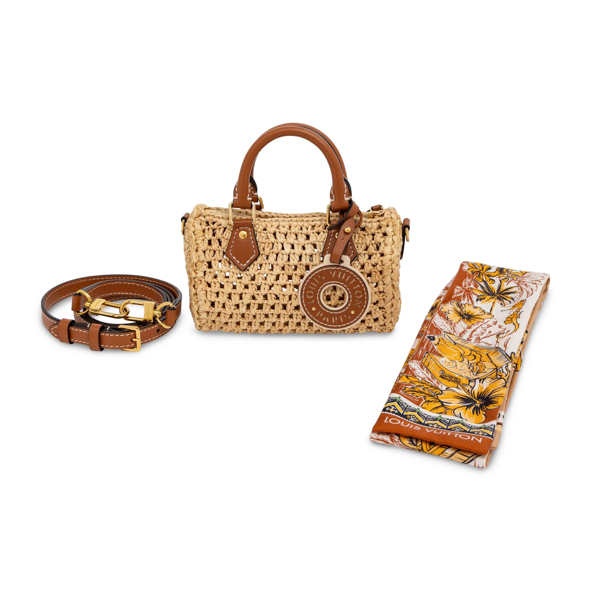 Louis Vuitton, Nano Speedy in Crocheted Raffia & Printed Silk Bandeau Scarf