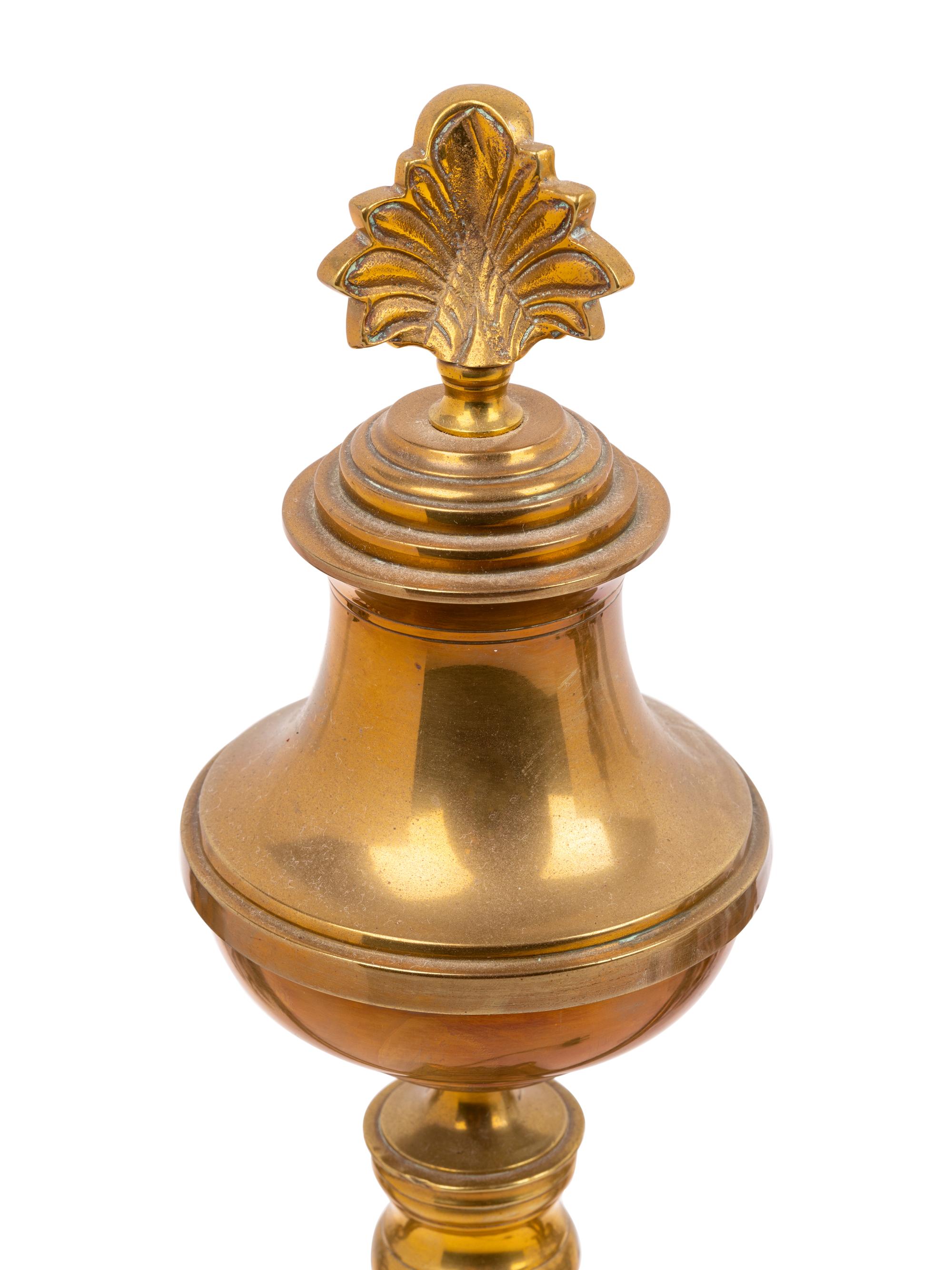 A Pair of Brass and Glass Two-Light Argand Lamps