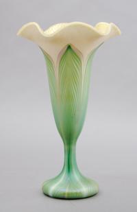 A Quezal Glass Vase, Height 8 inches.