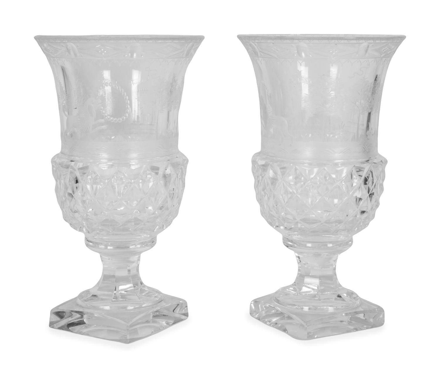 A Pair of English Cut and Etched Glass Vases — 19TH CENTURY